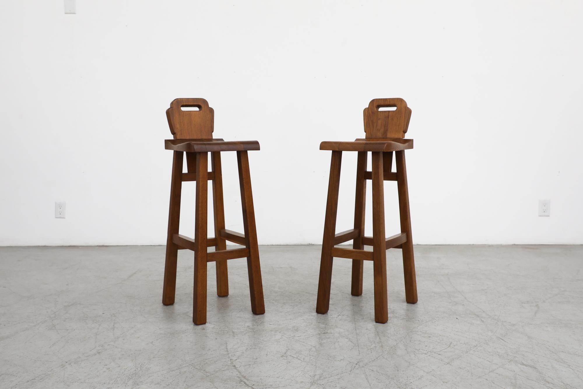 Pair of De Puydt Attributed Solid Oak Brutalist Bar Height Stools 11