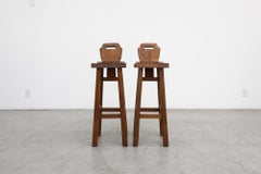 Pair of De Puydt Attributed Solid Oak Brutalist Bar Height Stools