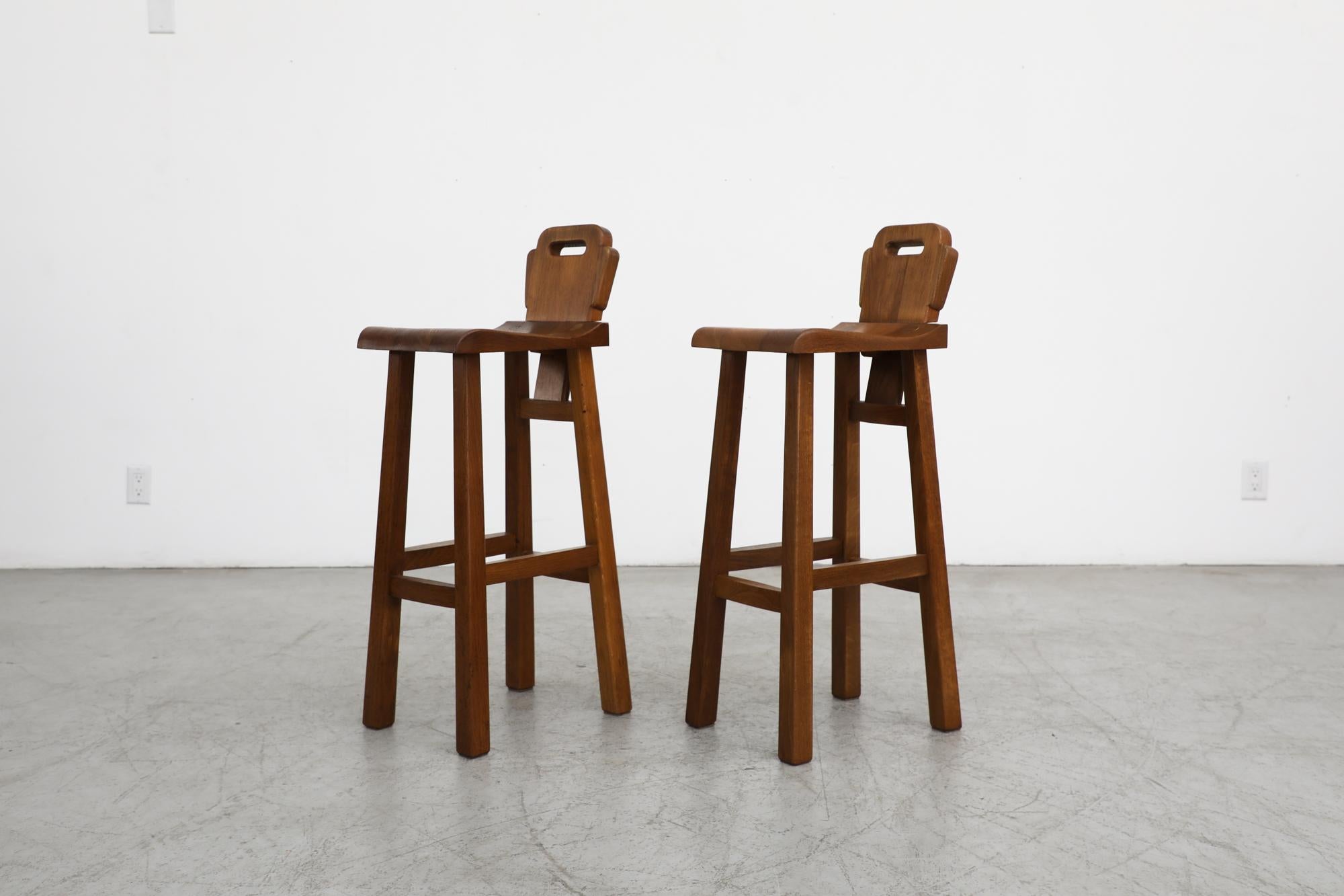 Mid-Century Modern Pair of De Puydt Attributed Solid Oak Brutalist Bar Height Stools