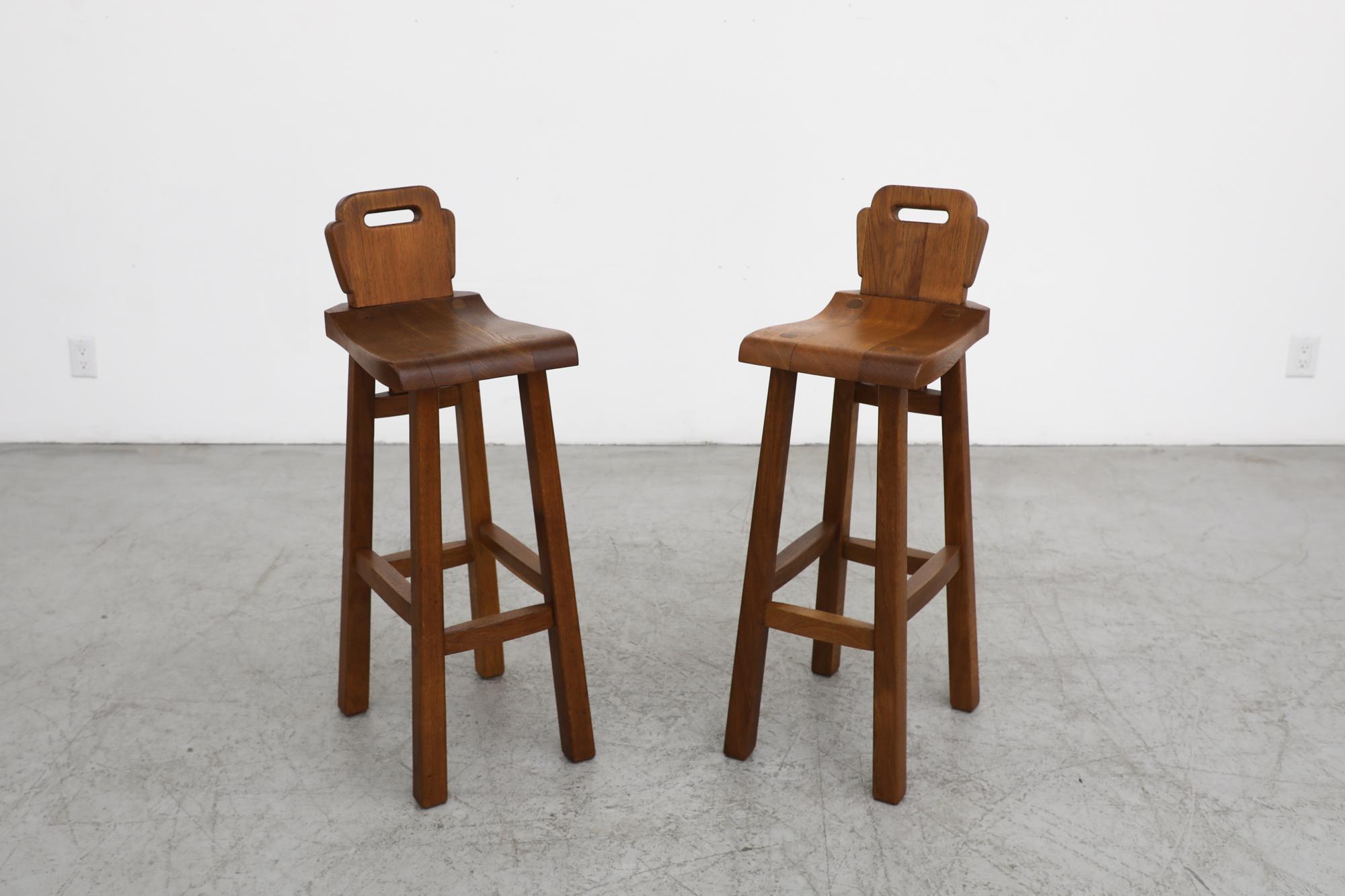 Pair of De Puydt Attributed Solid Oak Brutalist Bar Height Stools 1