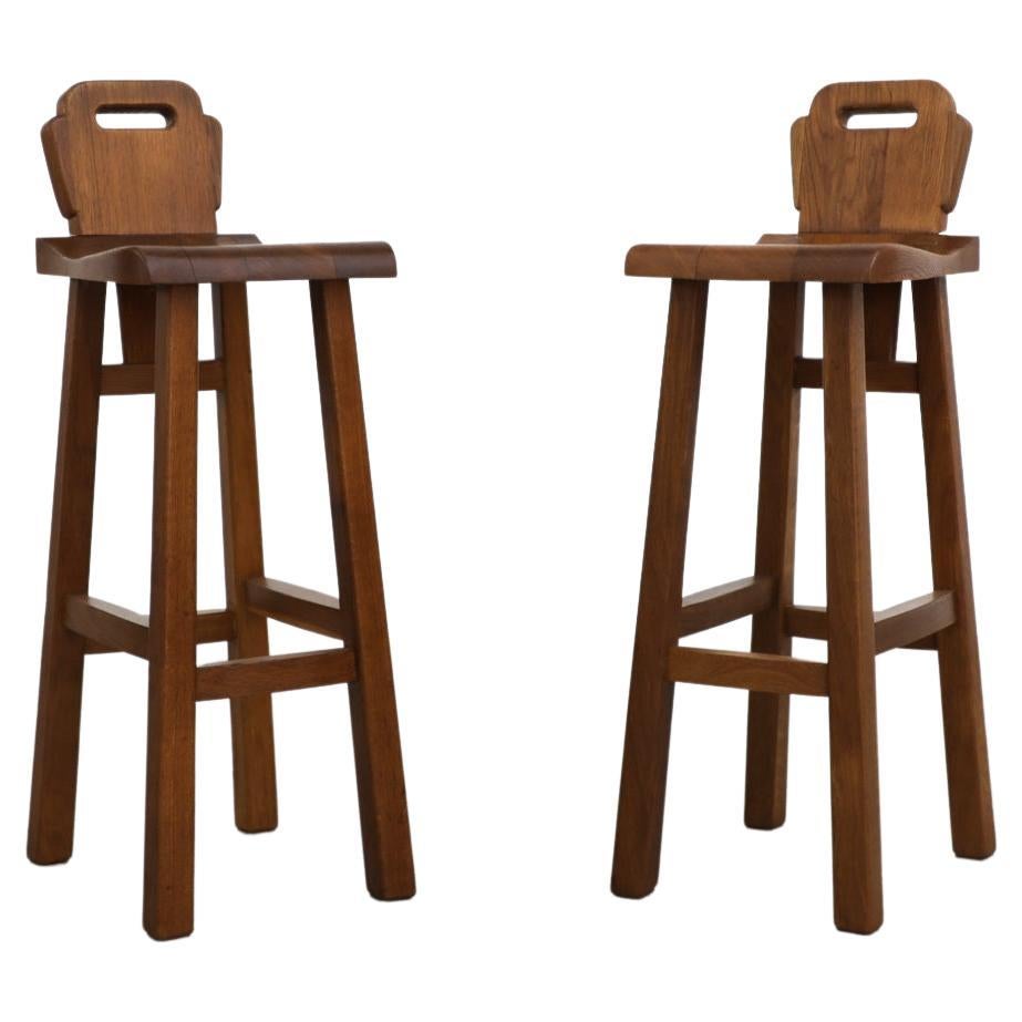 Pair of De Puydt Attributed Solid Oak Brutalist Bar Height Stools
