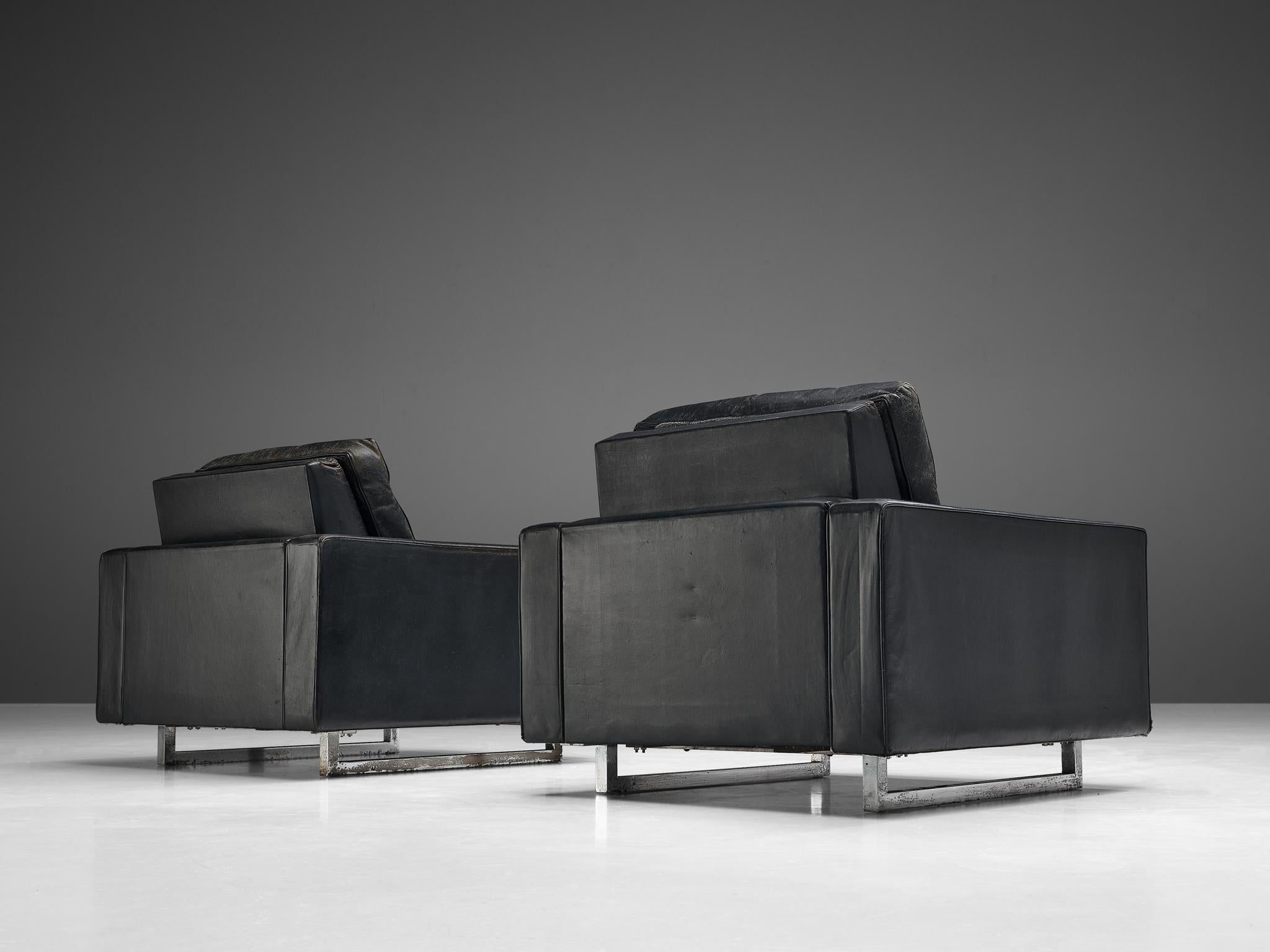 Swiss Pair of De Sede Armchairs in Black Leather and Steel For Sale