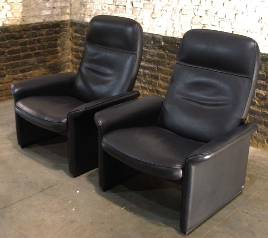 Swiss Pair of De Sede Black Leather Reclining DS50 Lounge Chairs, Switzerland, 1970s
