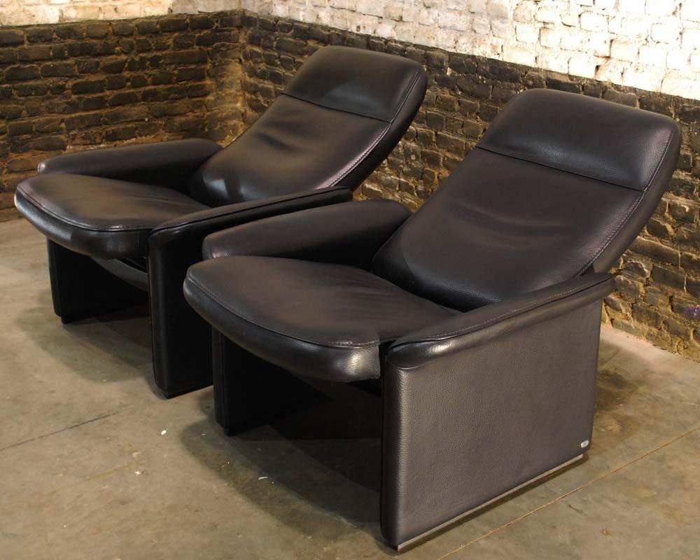Pair of De Sede Black Leather Reclining DS50 Lounge Chairs, Switzerland, 1970s 1