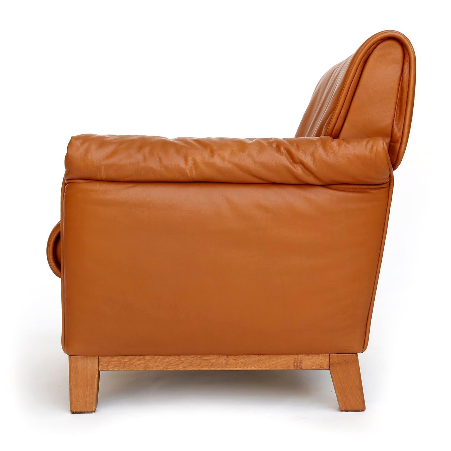 Modern Pair of De Sede 'DS-14' Armchairs Lounge Chairs, Cognac Leather Teak, 1989 For Sale