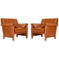 Vintage Pair of De Sede 'DS-14' Armchairs Lounge Chairs, Cognac Leather Teak, 1989