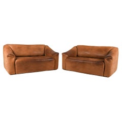 Retro Pair of De Sede DS-47 Two-Seat Sofas in Nubuck Leather, c. 1970's