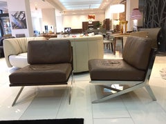 Pair of De Sede DS-60 Armless Chairs Brown Leather and Polished Stainless Steel