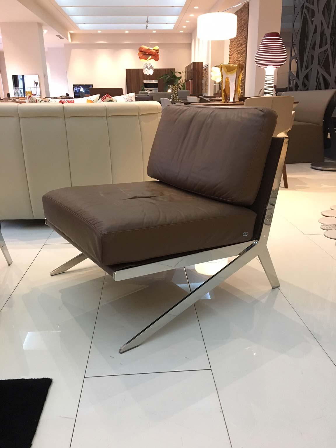 Modern Pair of De Sede DS-60 Armless Chairs Brown Leather and Polished Stainless Steel