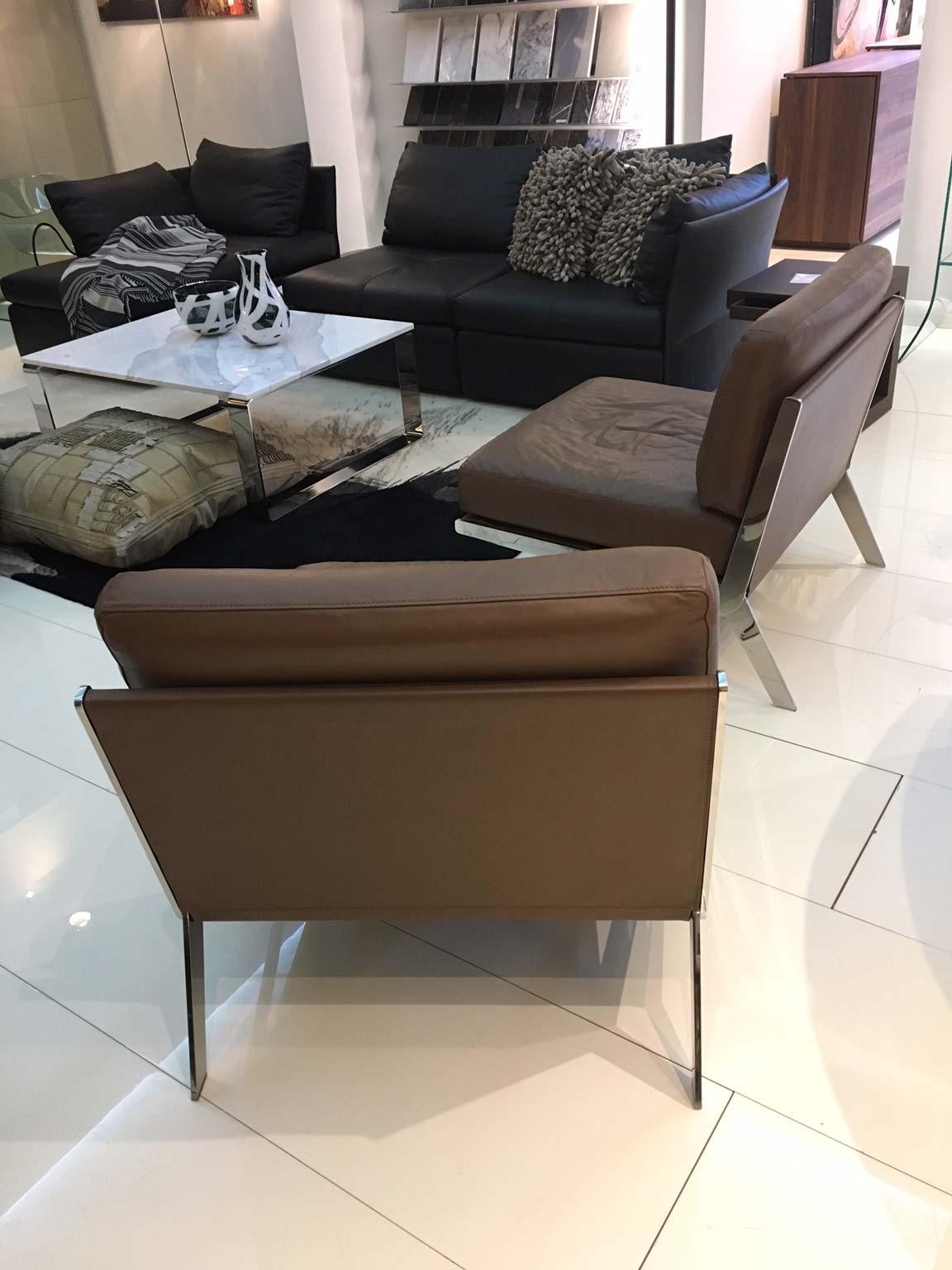 Pair of De Sede DS-60 Armless Chairs Brown Leather and Polished Stainless Steel 1