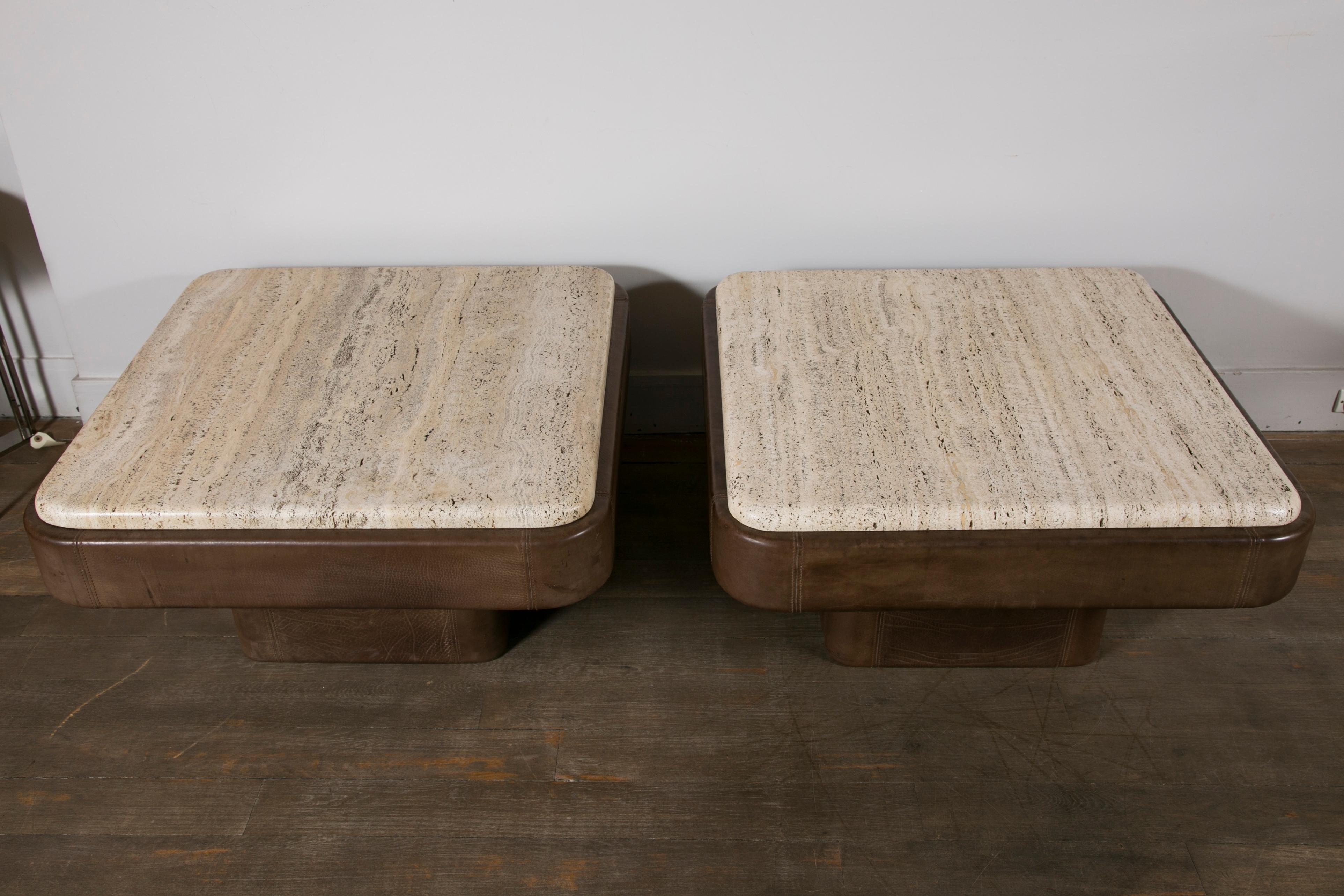 Mid-Century Modern Pair of De Sede Leather End Tables with Travertine Top