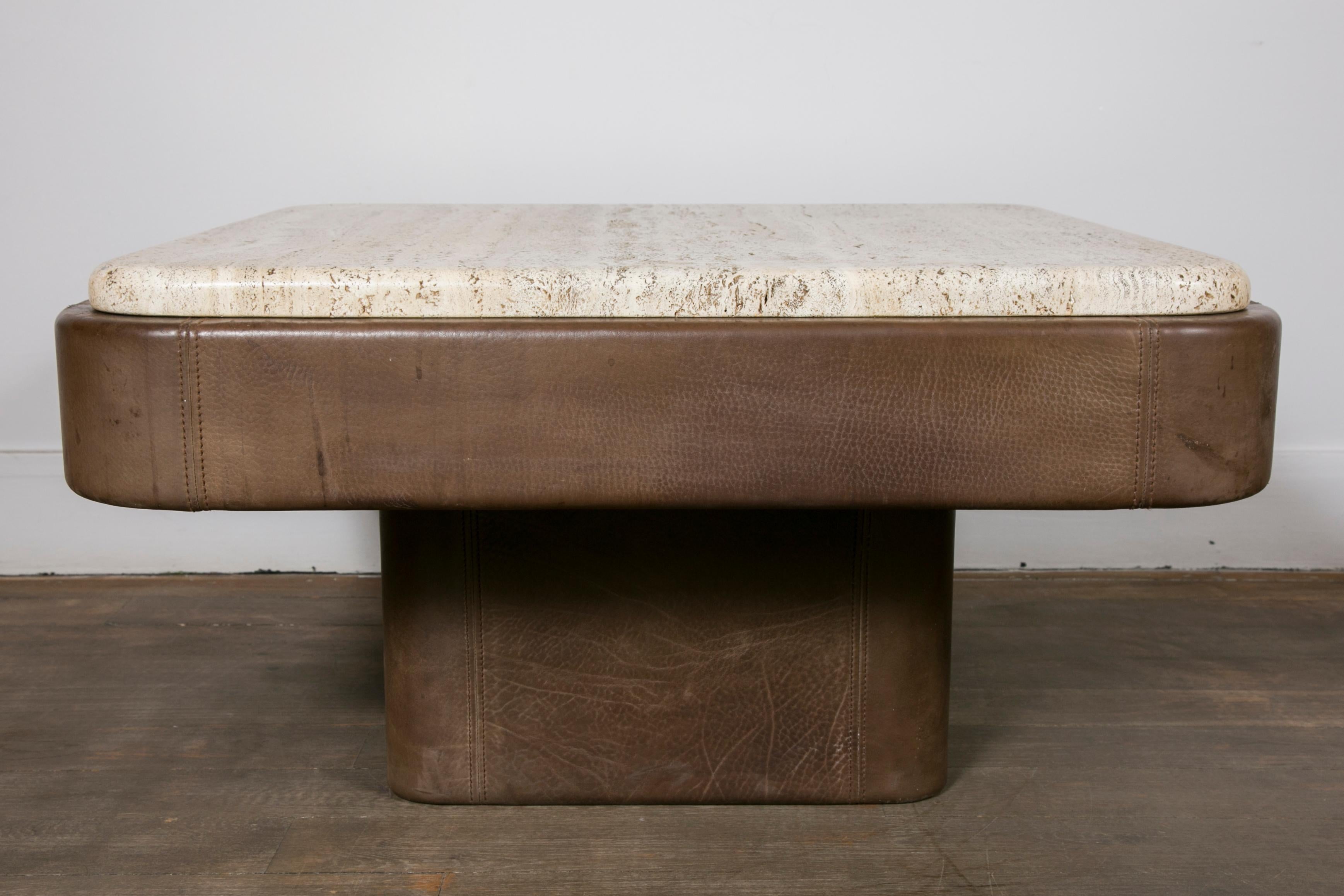 Late 20th Century Pair of De Sede Leather End Tables with Travertine Top