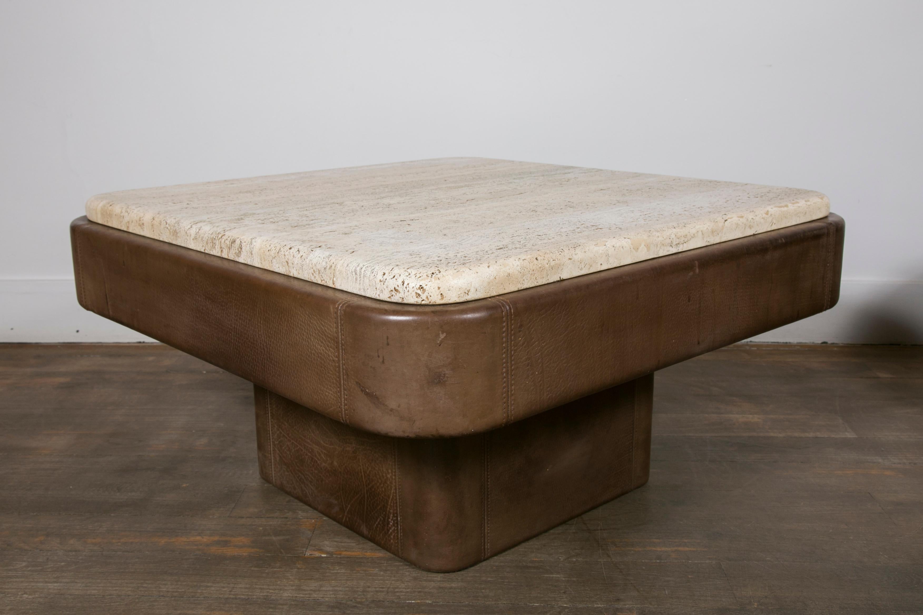 Pair of De Sede Leather End Tables with Travertine Top 1