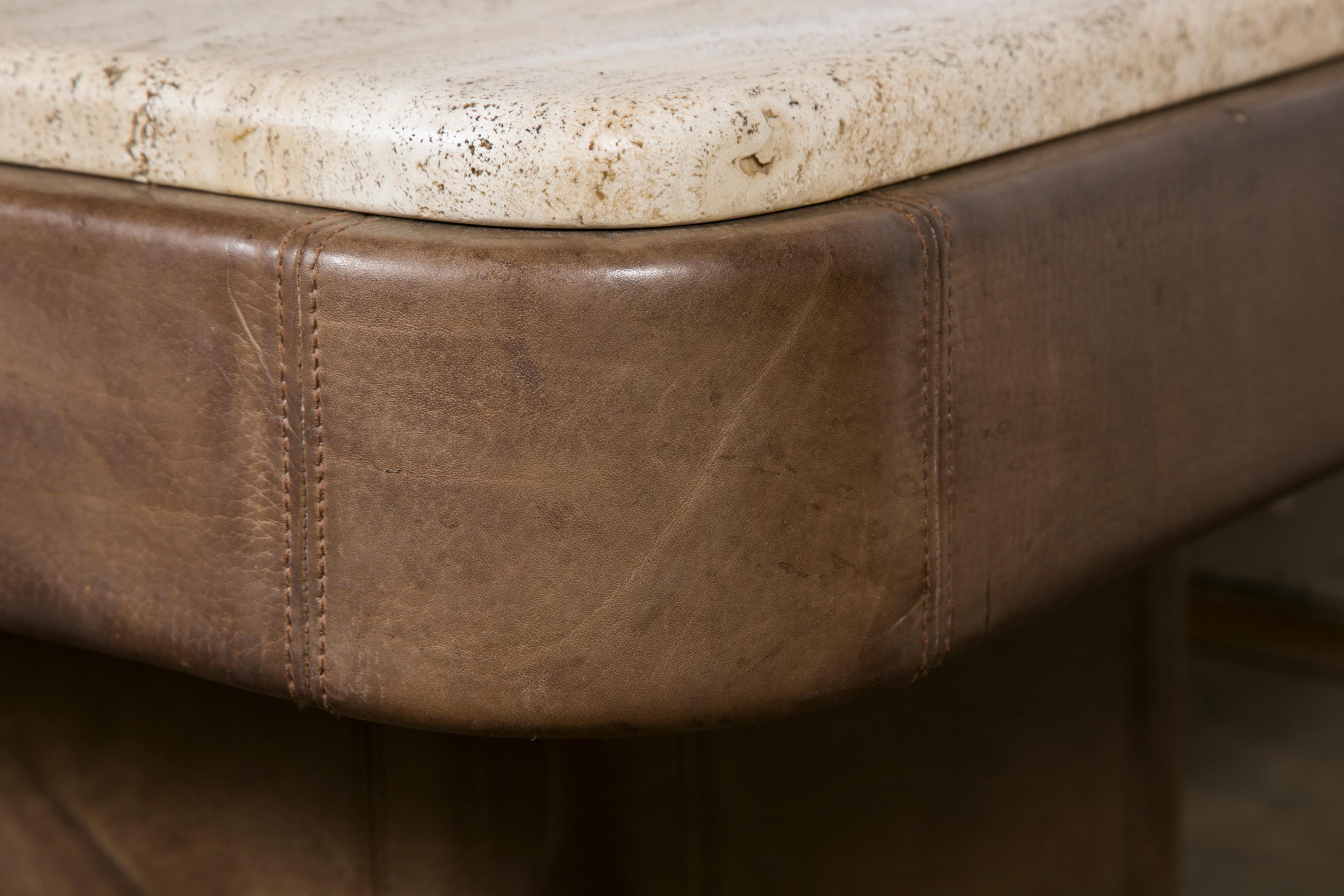 Pair of De Sede Leather End Tables with Travertine Top 2