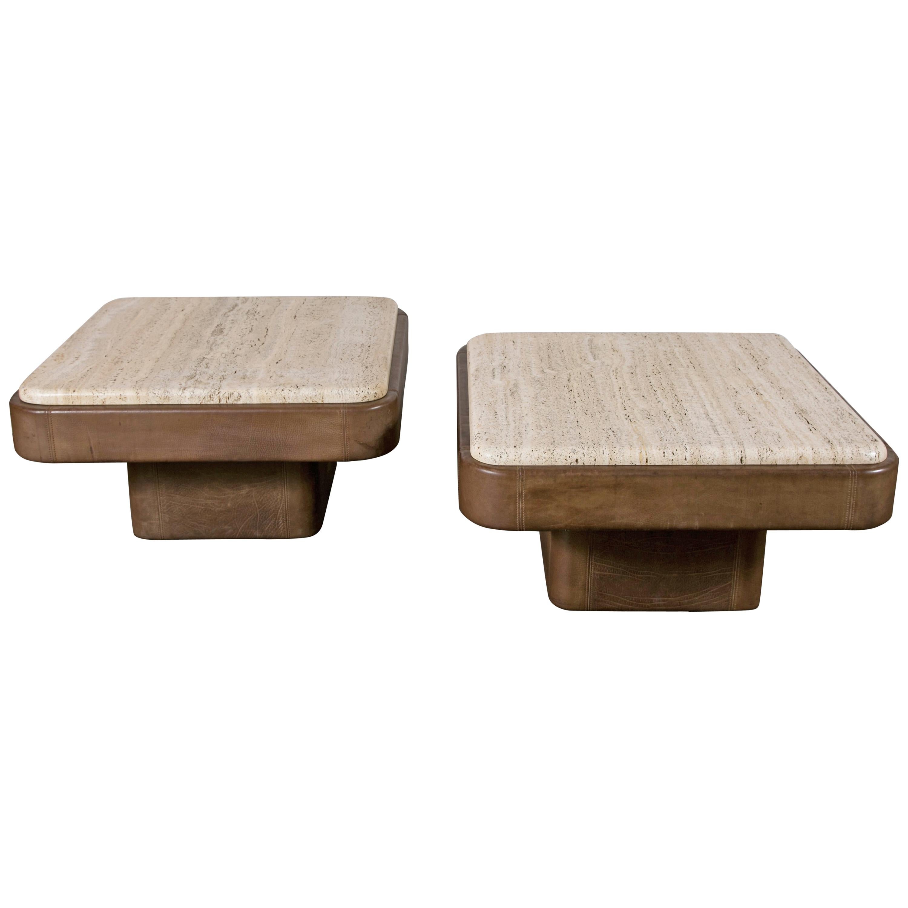 Pair of De Sede Leather End Tables with Travertine Top