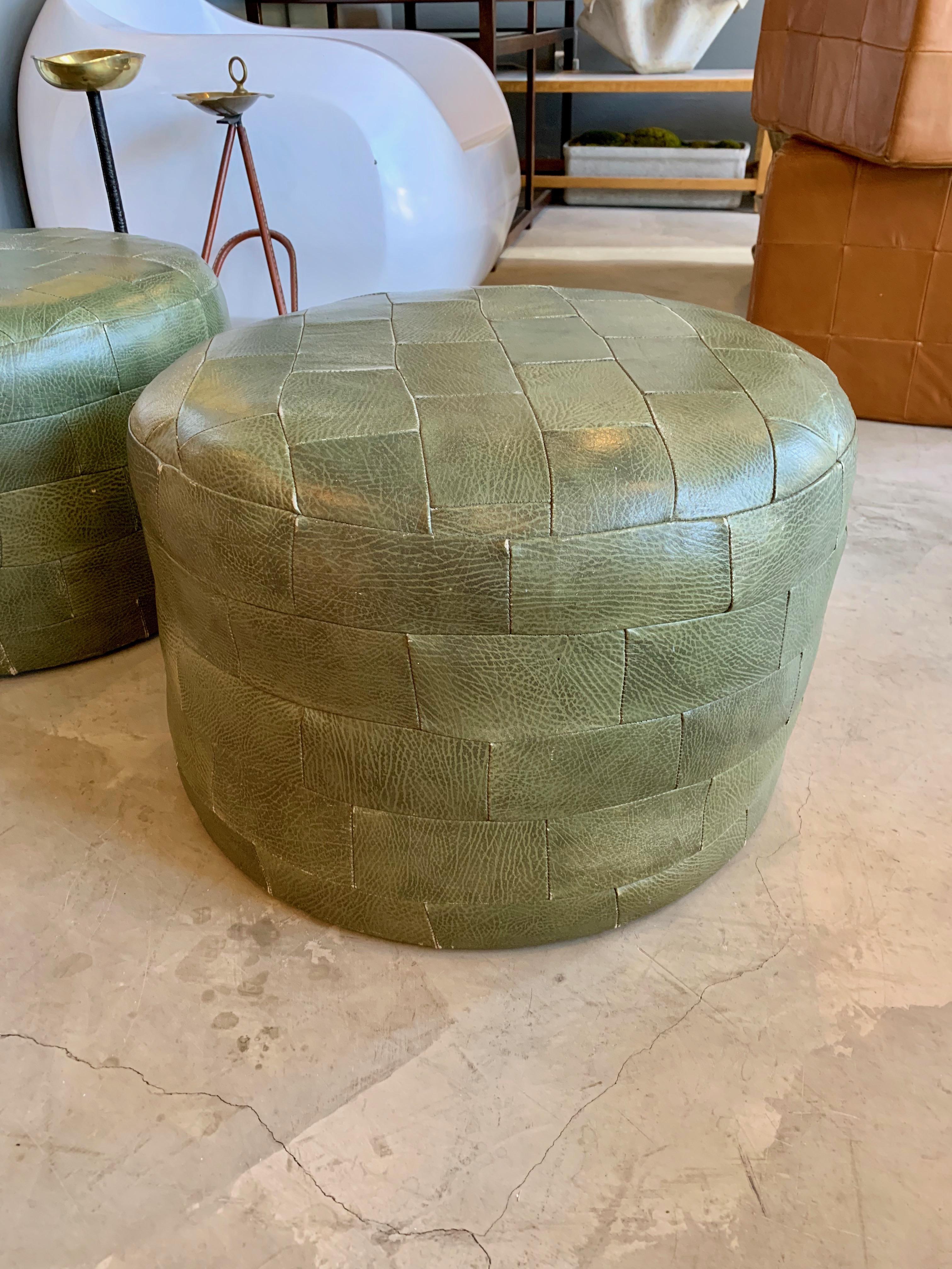 Swiss Pair of De Sede Olive Leather Patchwork Ottomans