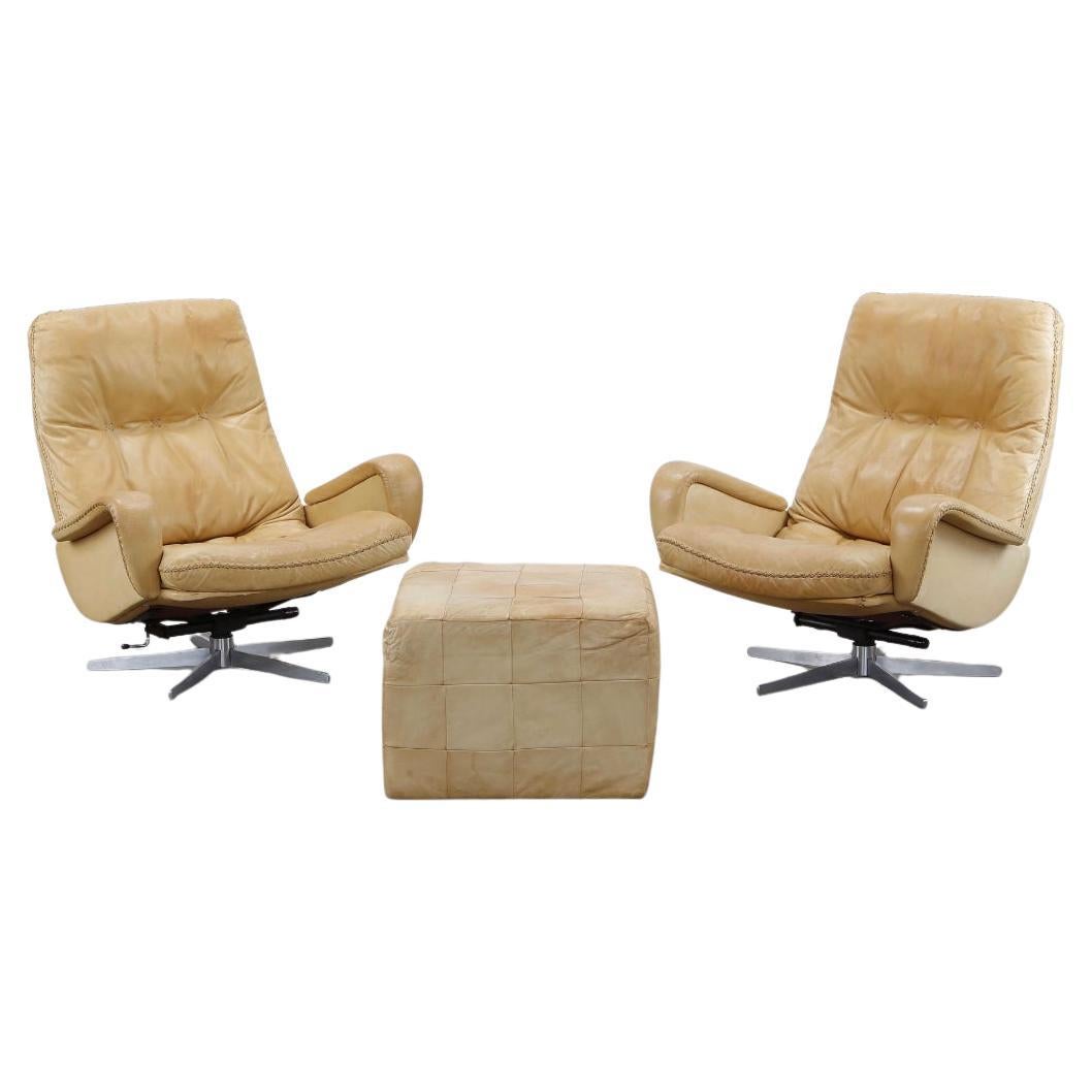 Pair of De Sede Swivel Armchairs with Ottoman