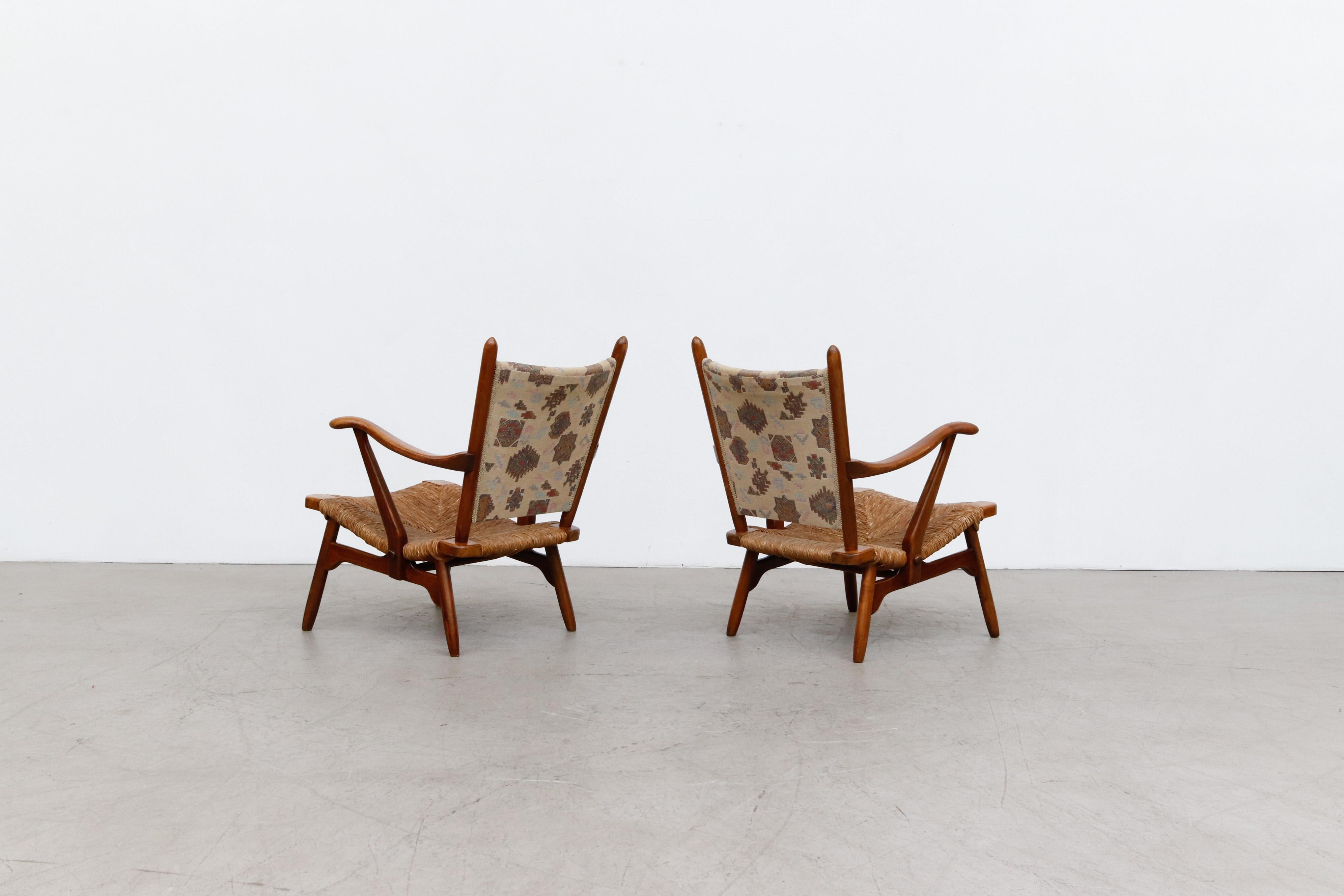 Mid-Century Modern Pair of De Ster Gelderland Upholstered Lounge Chairs with Rush Seats