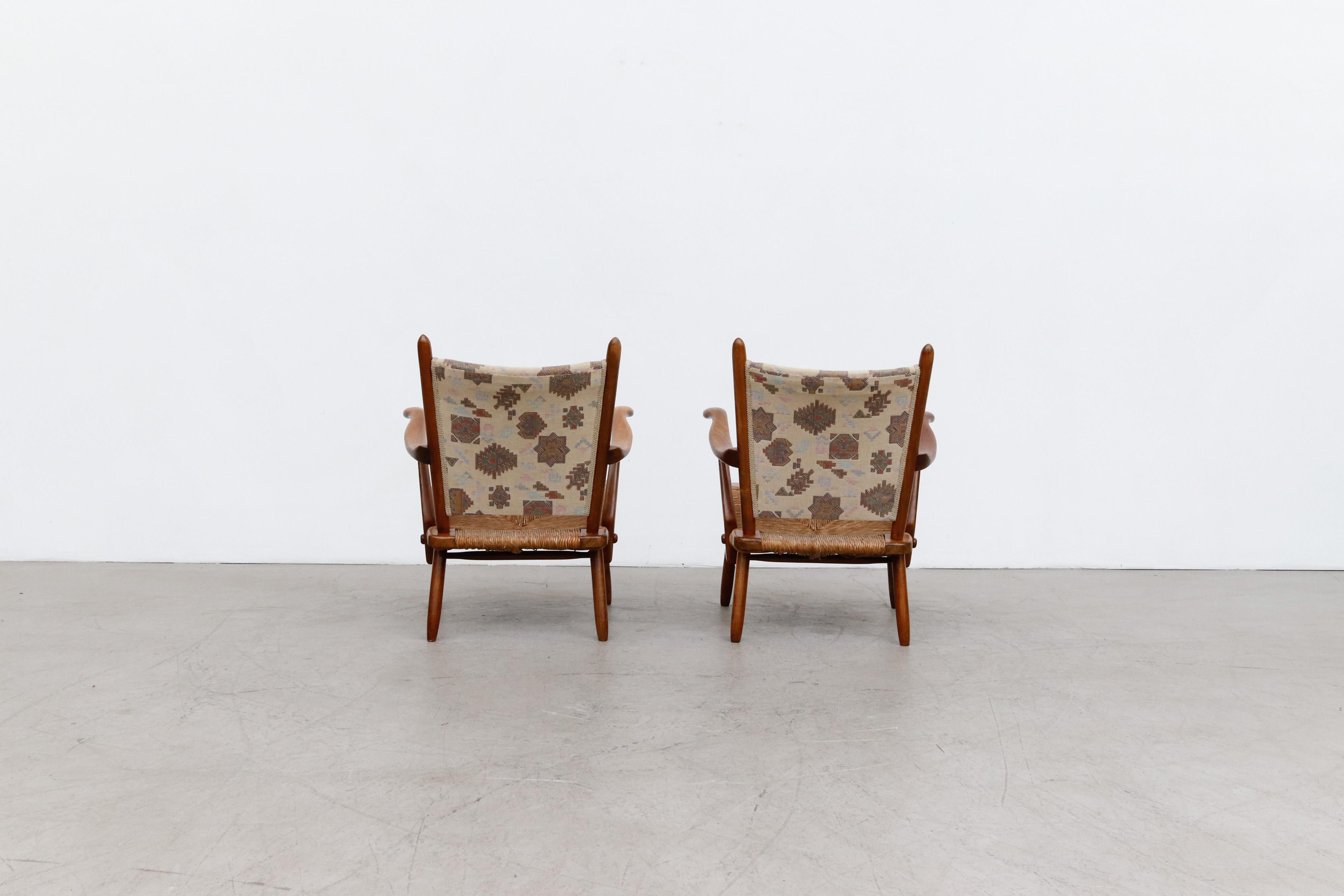 Dutch Pair of De Ster Gelderland Upholstered Lounge Chairs with Rush Seats