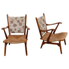 Pair of De Ster Gelderland Upholstered Lounge Chairs with Rush Seats