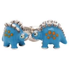 Pair of Deakin & Francis Sterling Silver & Enamel Stegosaurus Dinosaur Cufflinks