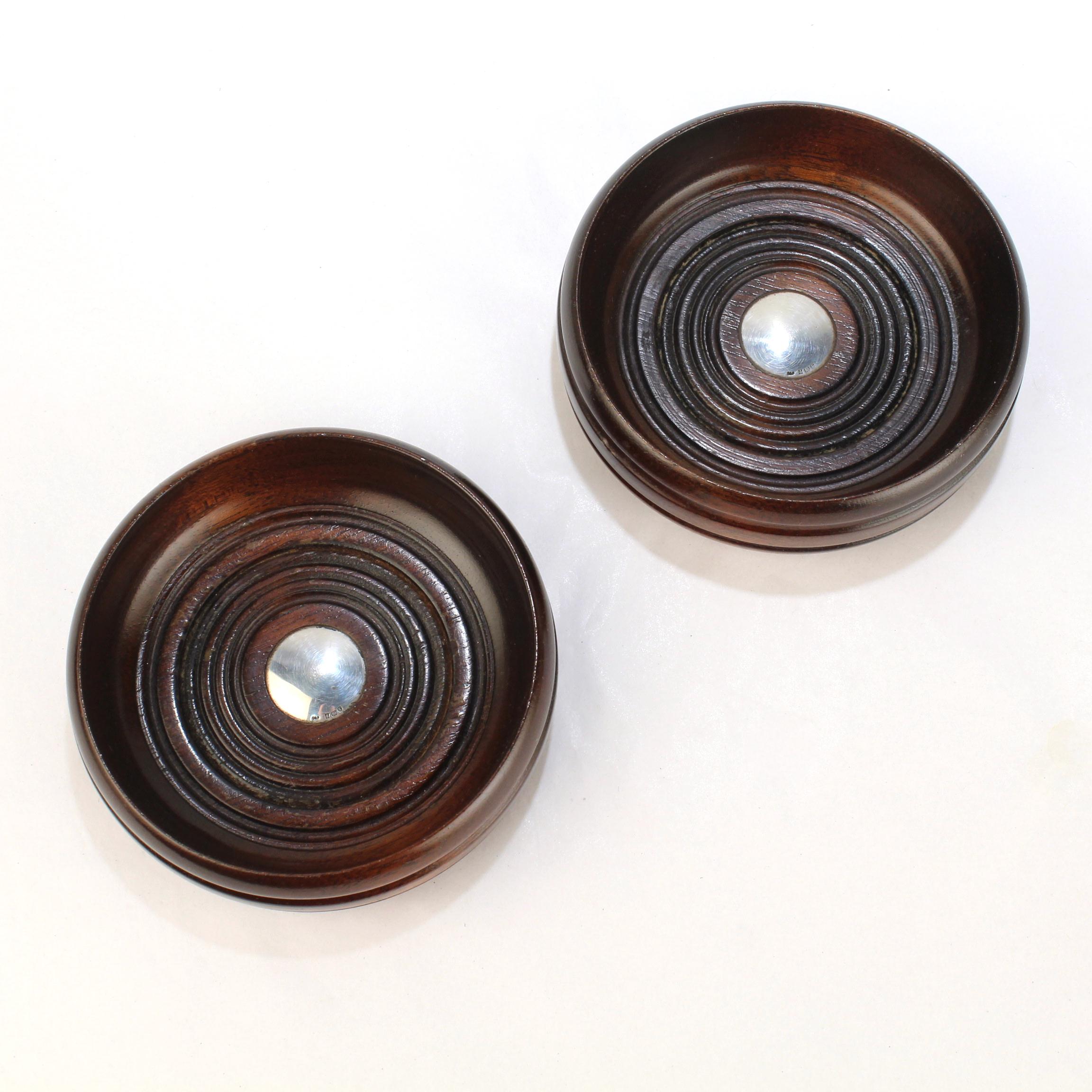 Edwardian Pair of Deakin & Francis Turned Mahogany and Sterling Silver Wine Coasters