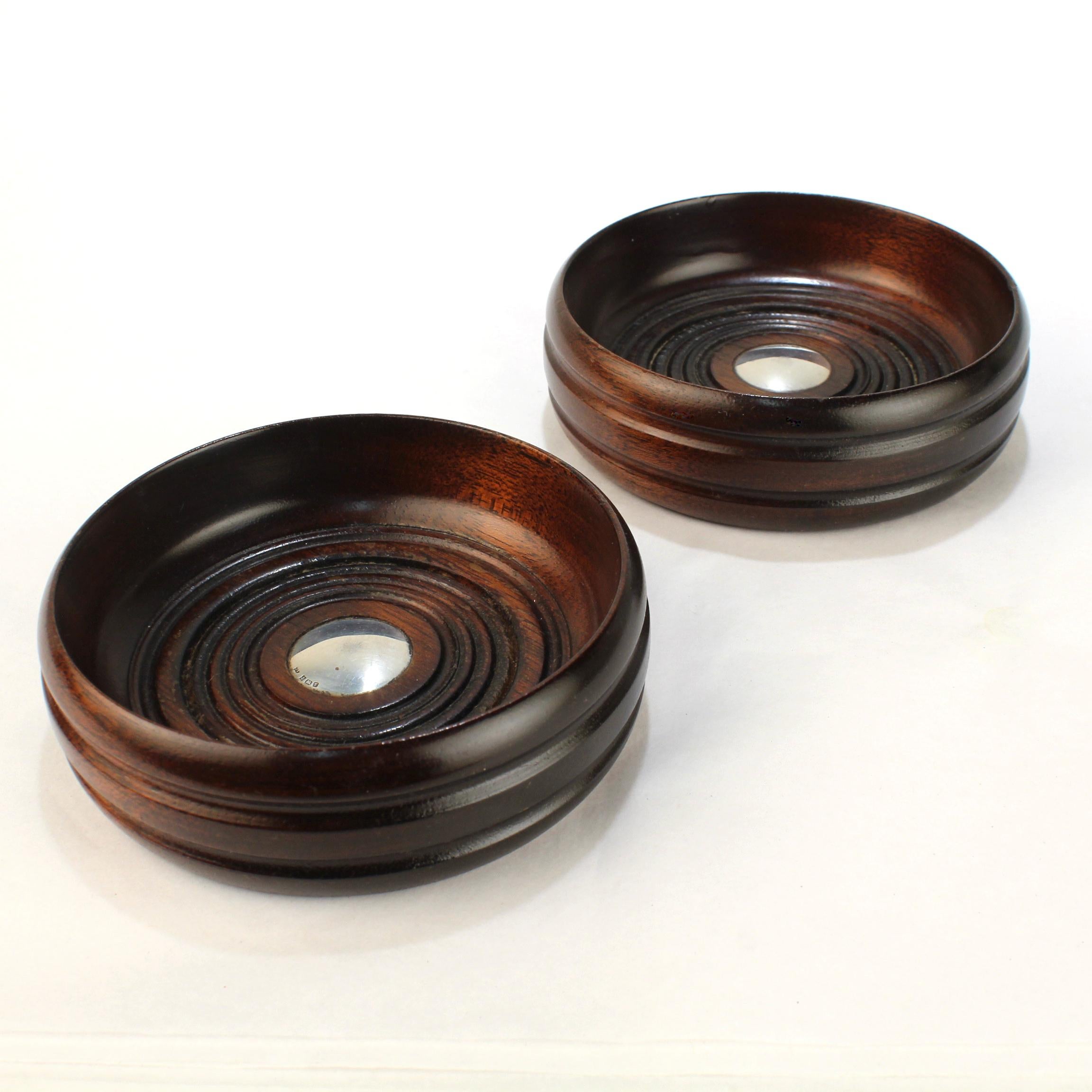 Pair of Deakin & Francis Turned Mahogany and Sterling Silver Wine Coasters 2