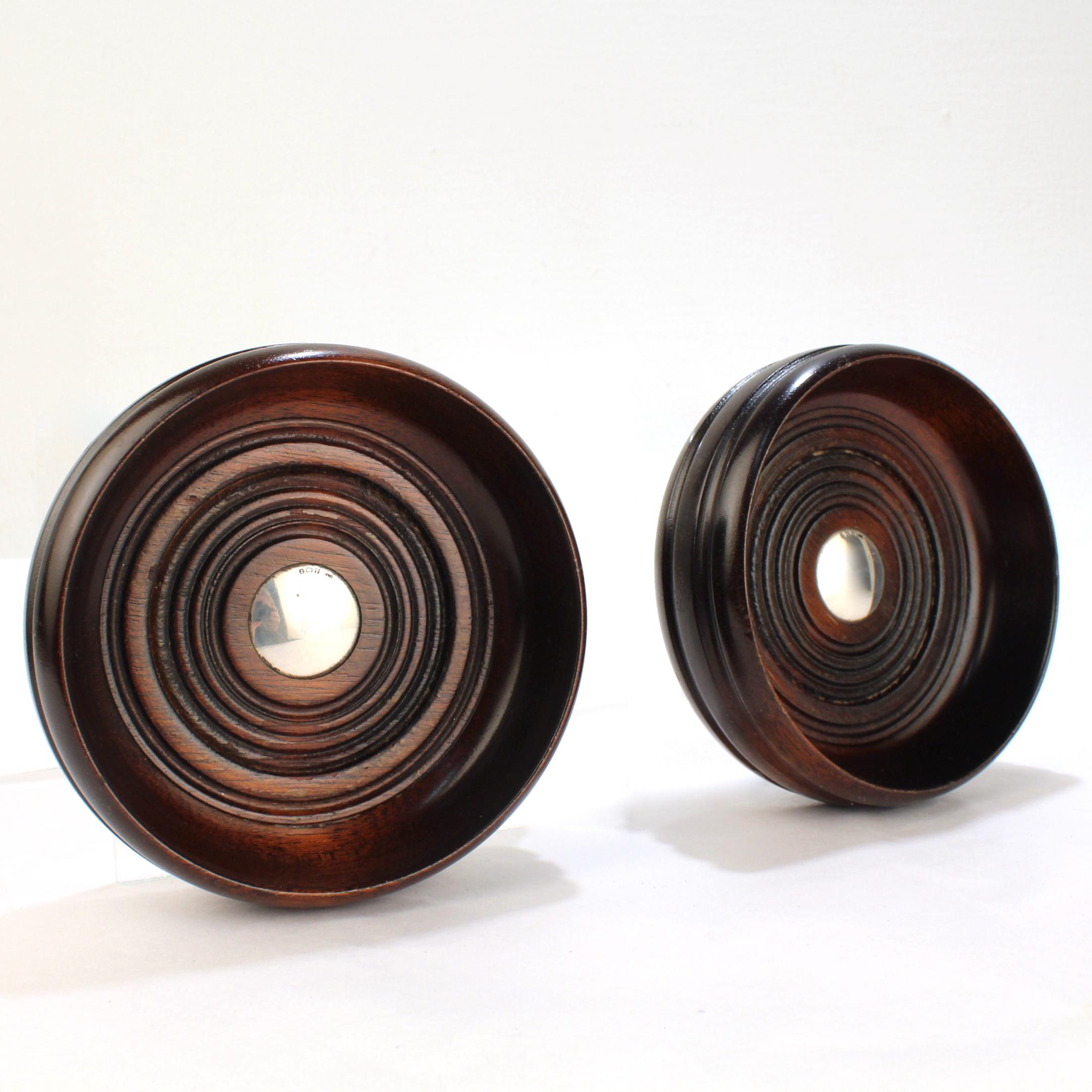 Pair of Deakin & Francis Turned Mahogany and Sterling Silver Wine Coasters 3