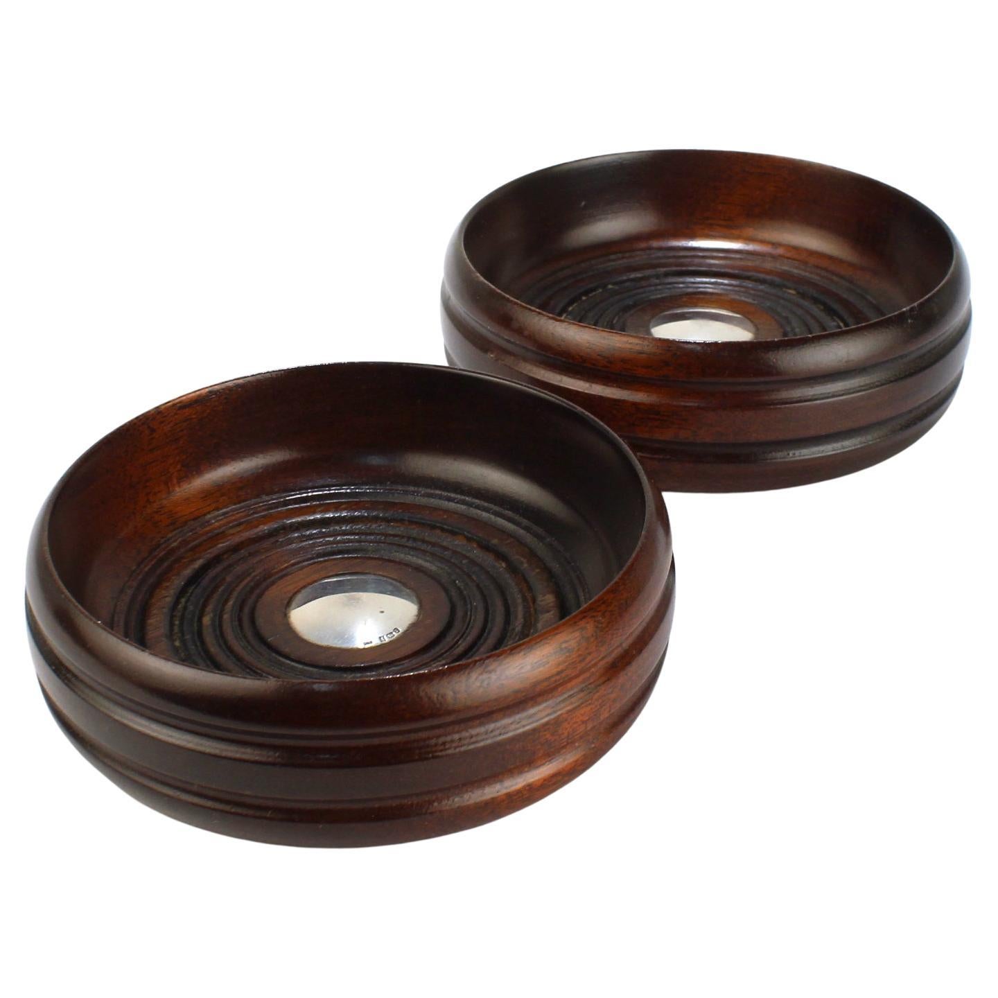 Pair of Deakin & Francis Turned Mahogany and Sterling Silver Wine Coasters