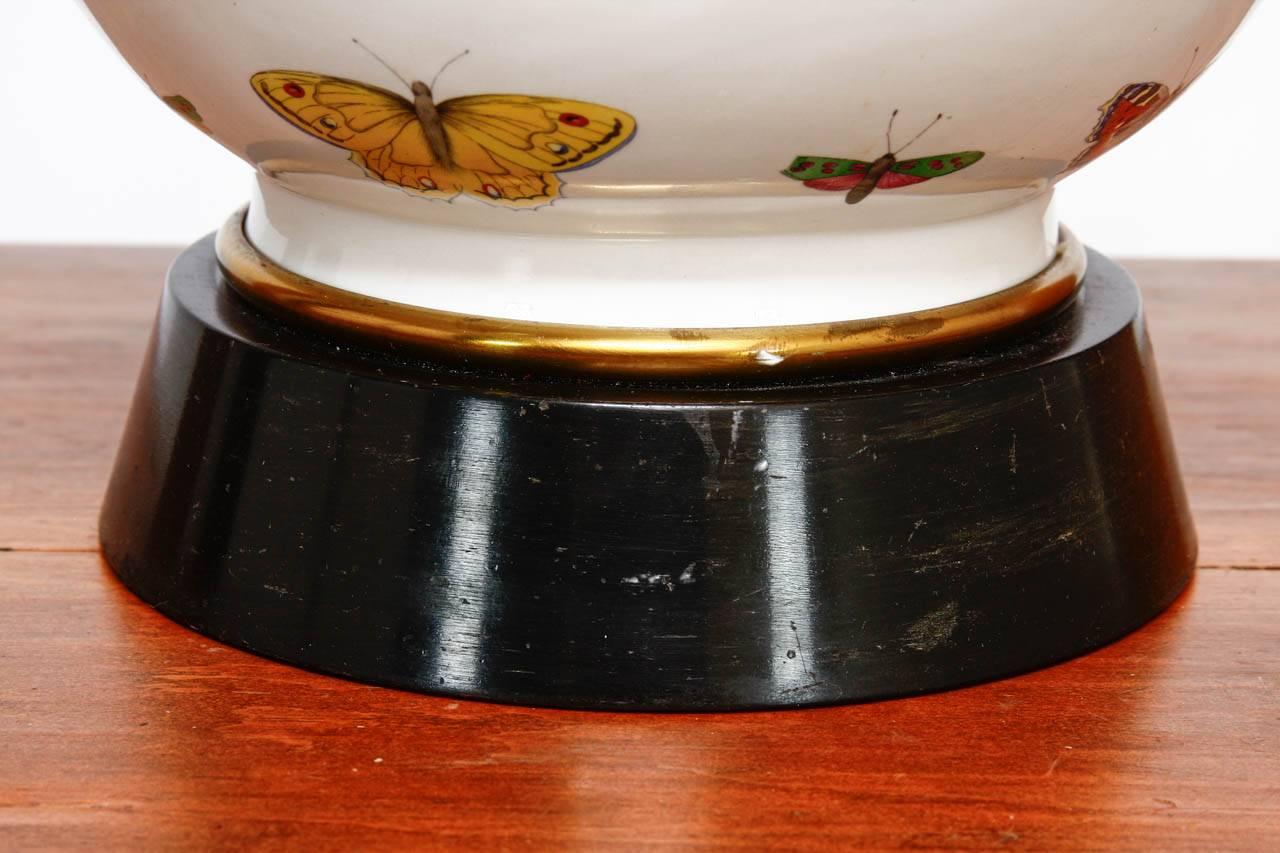 Mid-Century Modern Pair of Decalcomania Style Butterfly Specimen Porcelain Table Lamps