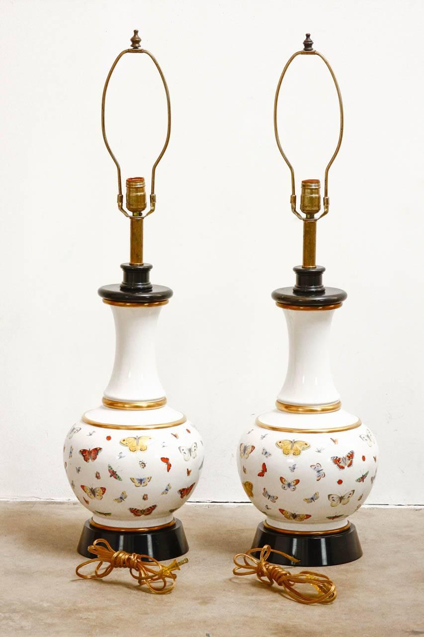 American Pair of Decalcomania Style Butterfly Specimen Porcelain Table Lamps