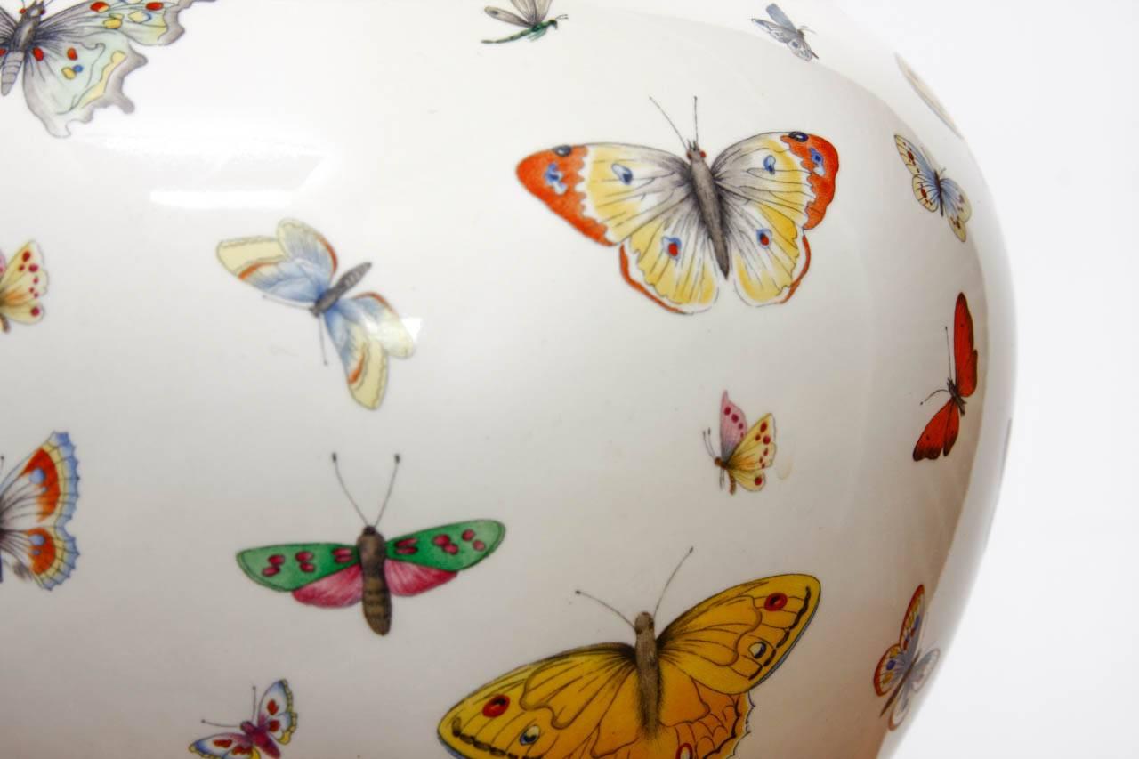 Ebonized Pair of Decalcomania Style Butterfly Specimen Porcelain Table Lamps