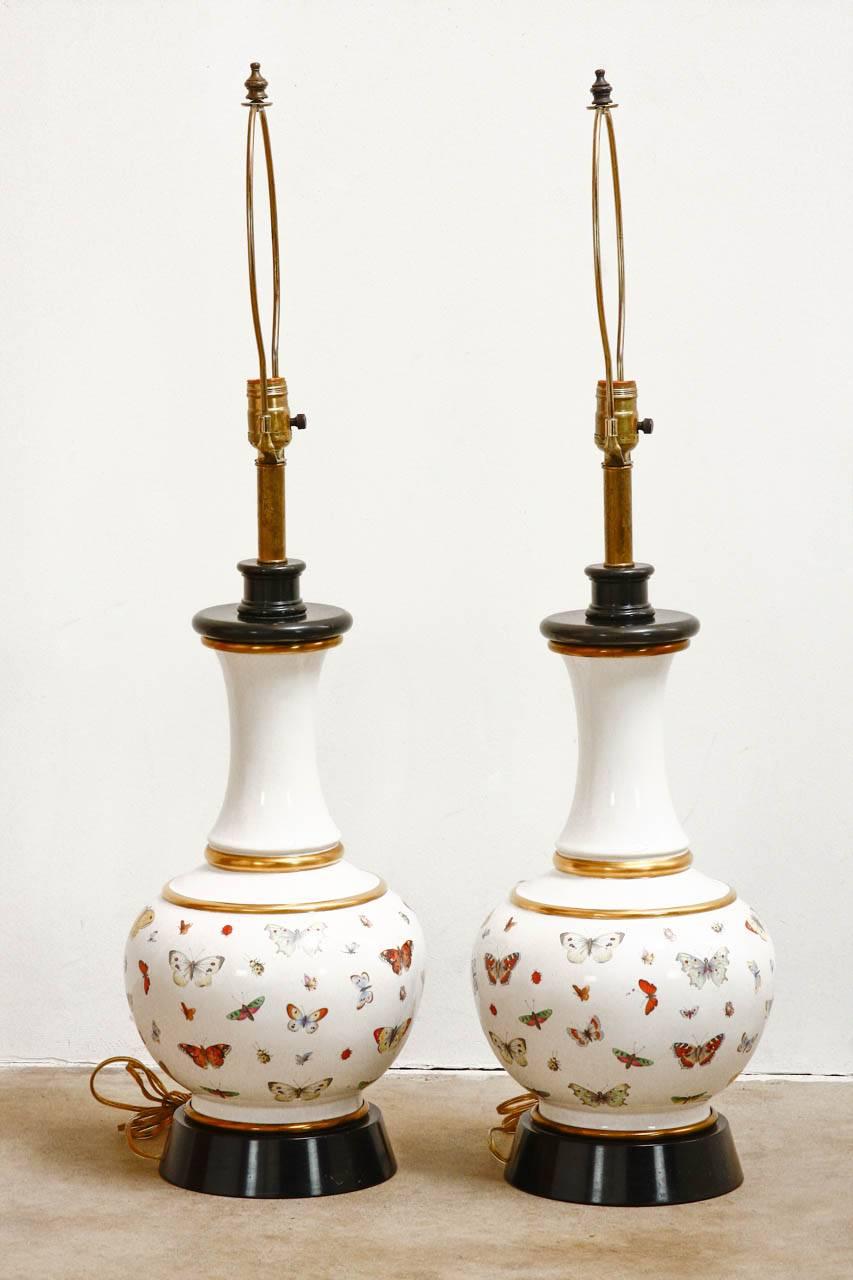 Pair of Decalcomania Style Butterfly Specimen Porcelain Table Lamps In Excellent Condition In Rio Vista, CA