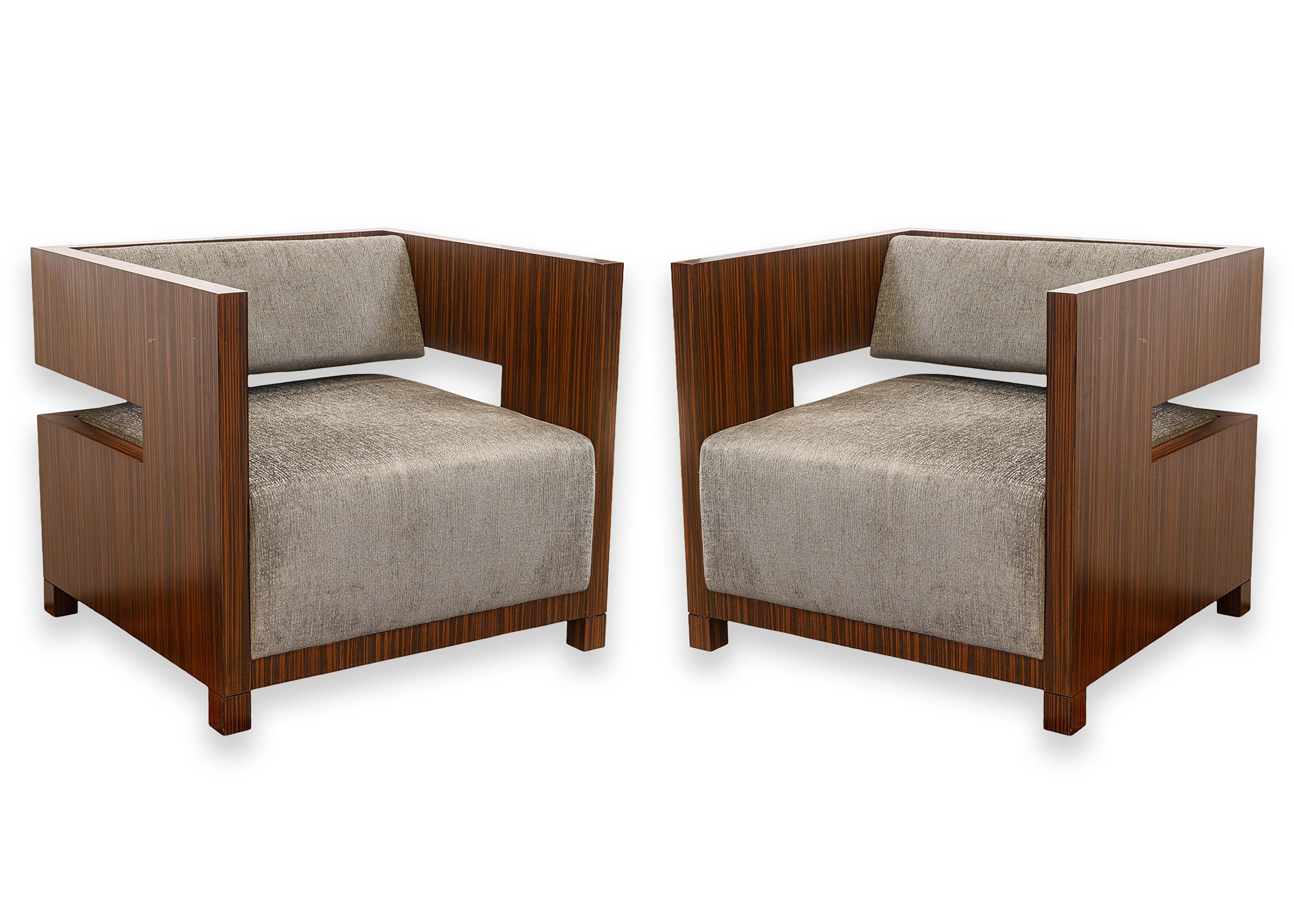 Pair of Decca Home Bolier Domicile Solid Walnut Encased Contemporary Cube Chairs For Sale 3