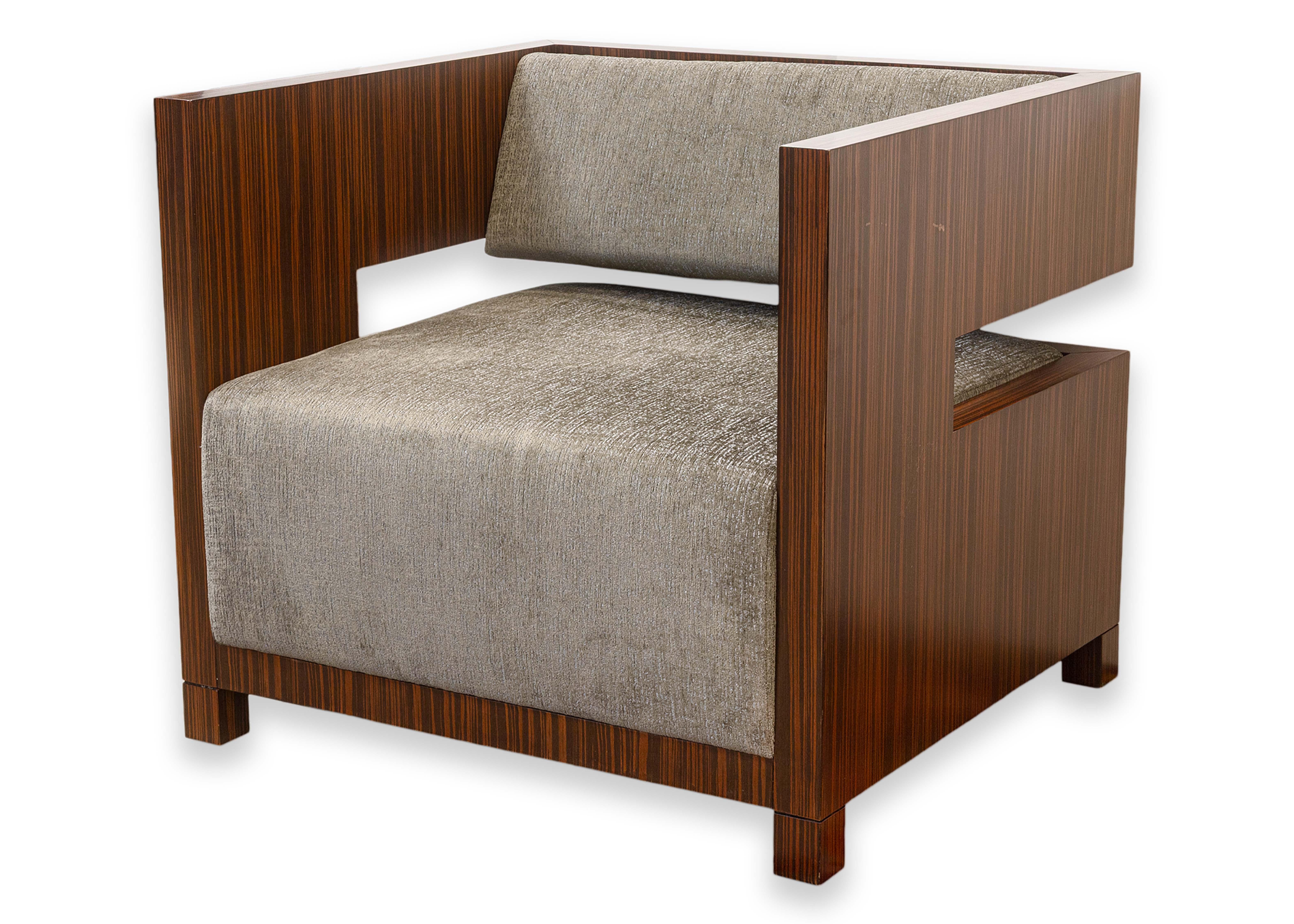 Pair of Decca Home Bolier Domicile Solid Walnut Encased Contemporary Cube Chairs For Sale 4
