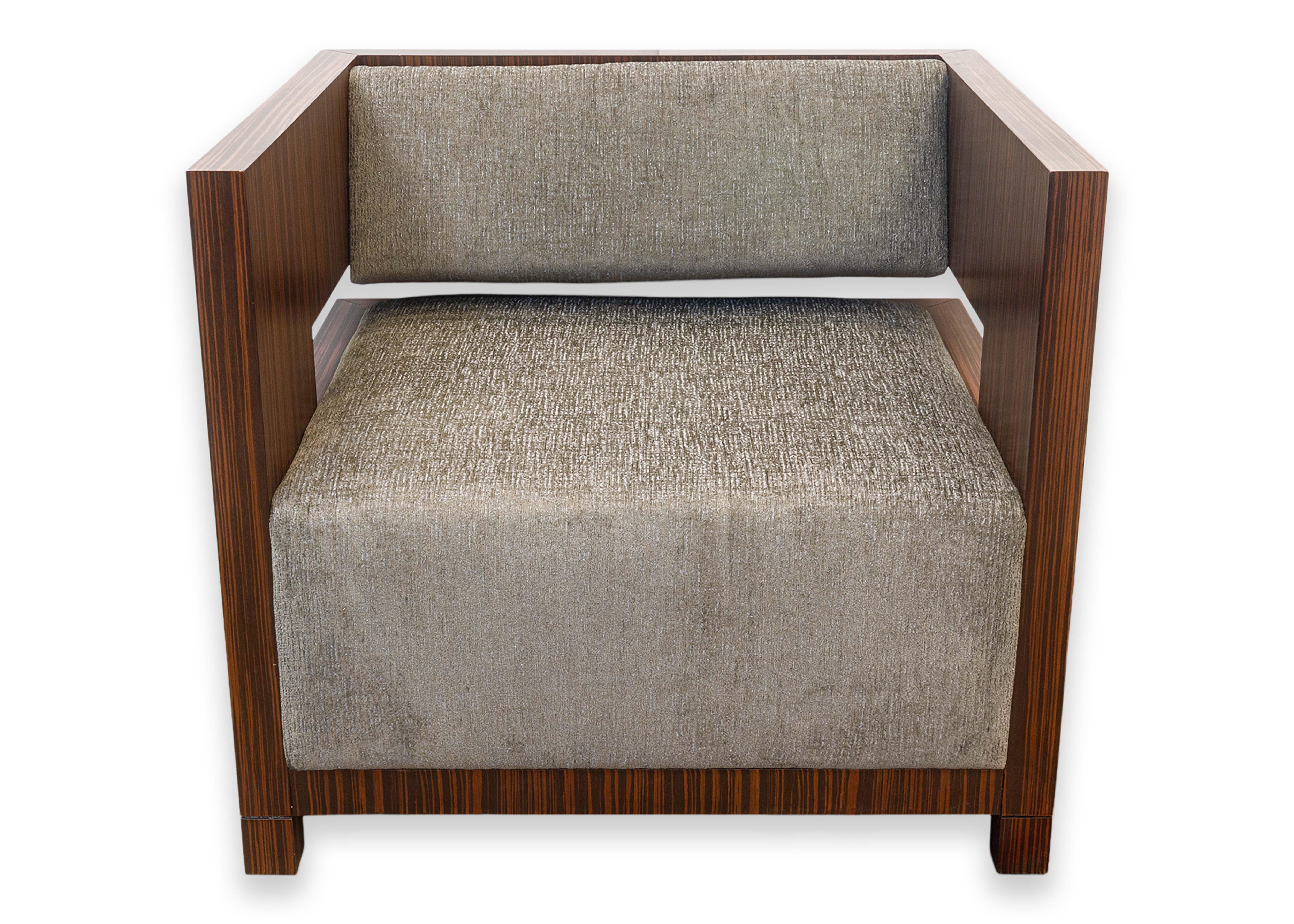 Pair of Decca Home Bolier Domicile Solid Walnut Encased Contemporary Cube Chairs For Sale 5