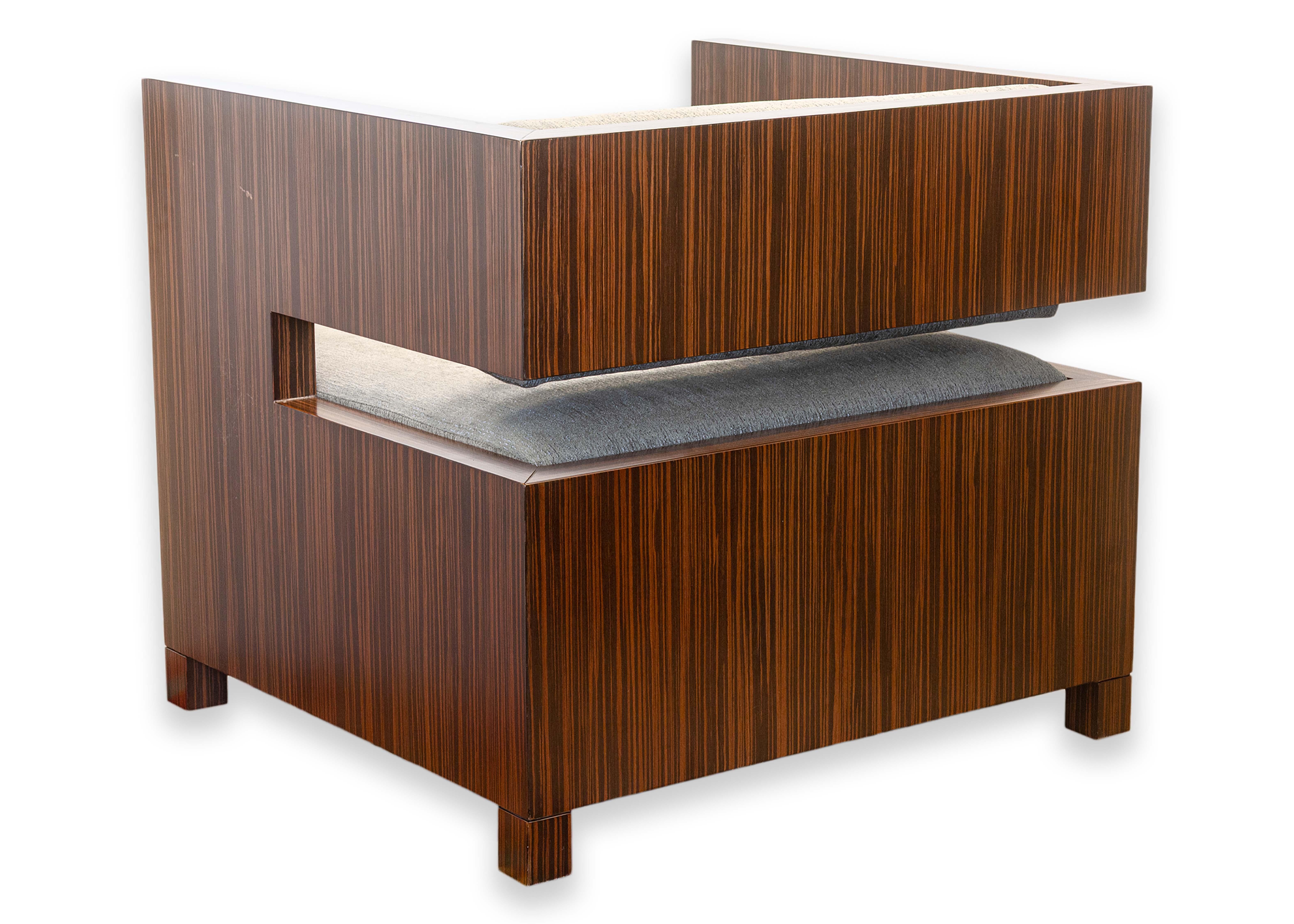 Pair of Decca Home Bolier Domicile Solid Walnut Encased Contemporary Cube Chairs For Sale 6