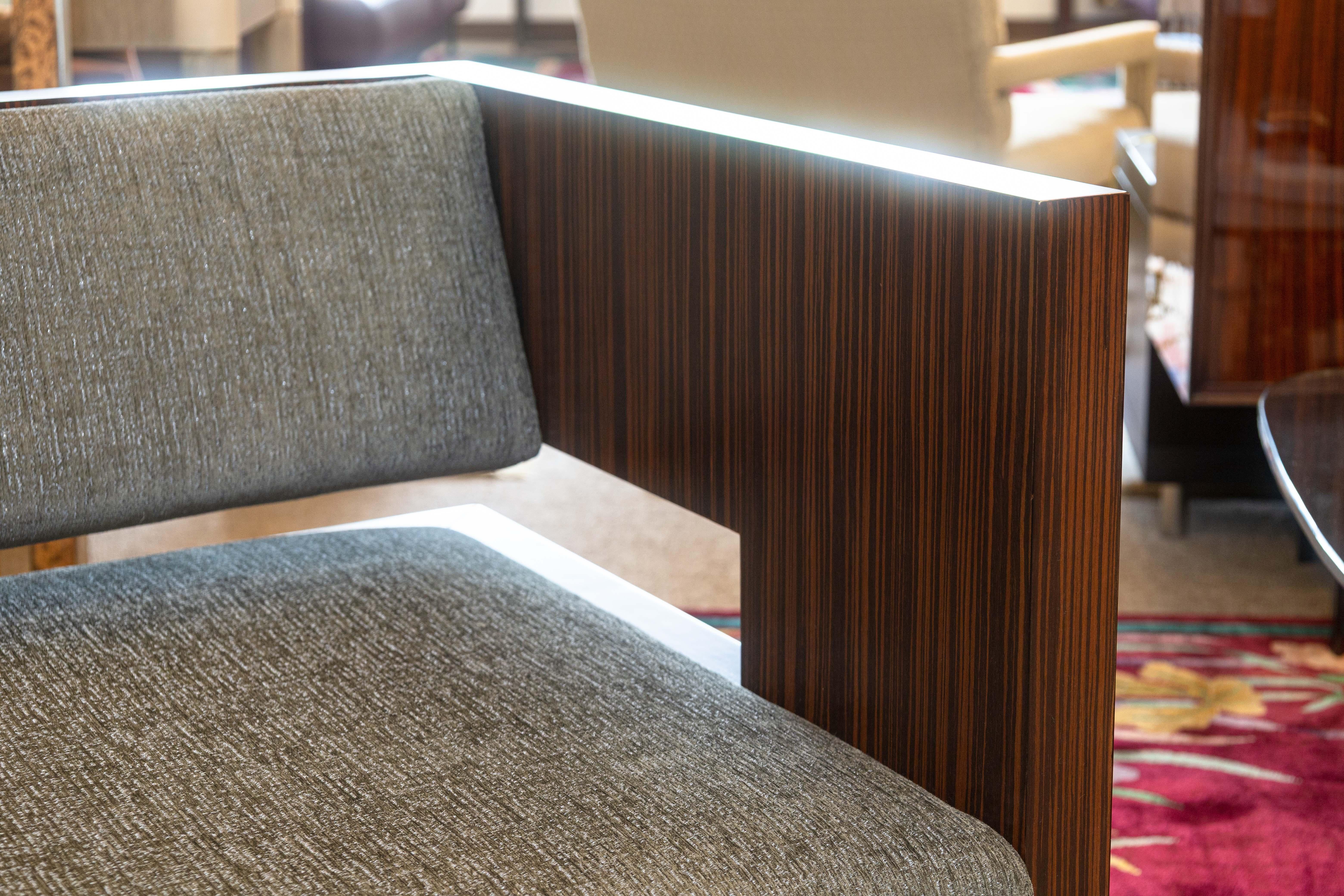 Fabric Pair of Decca Home Bolier Domicile Solid Walnut Encased Contemporary Cube Chairs For Sale