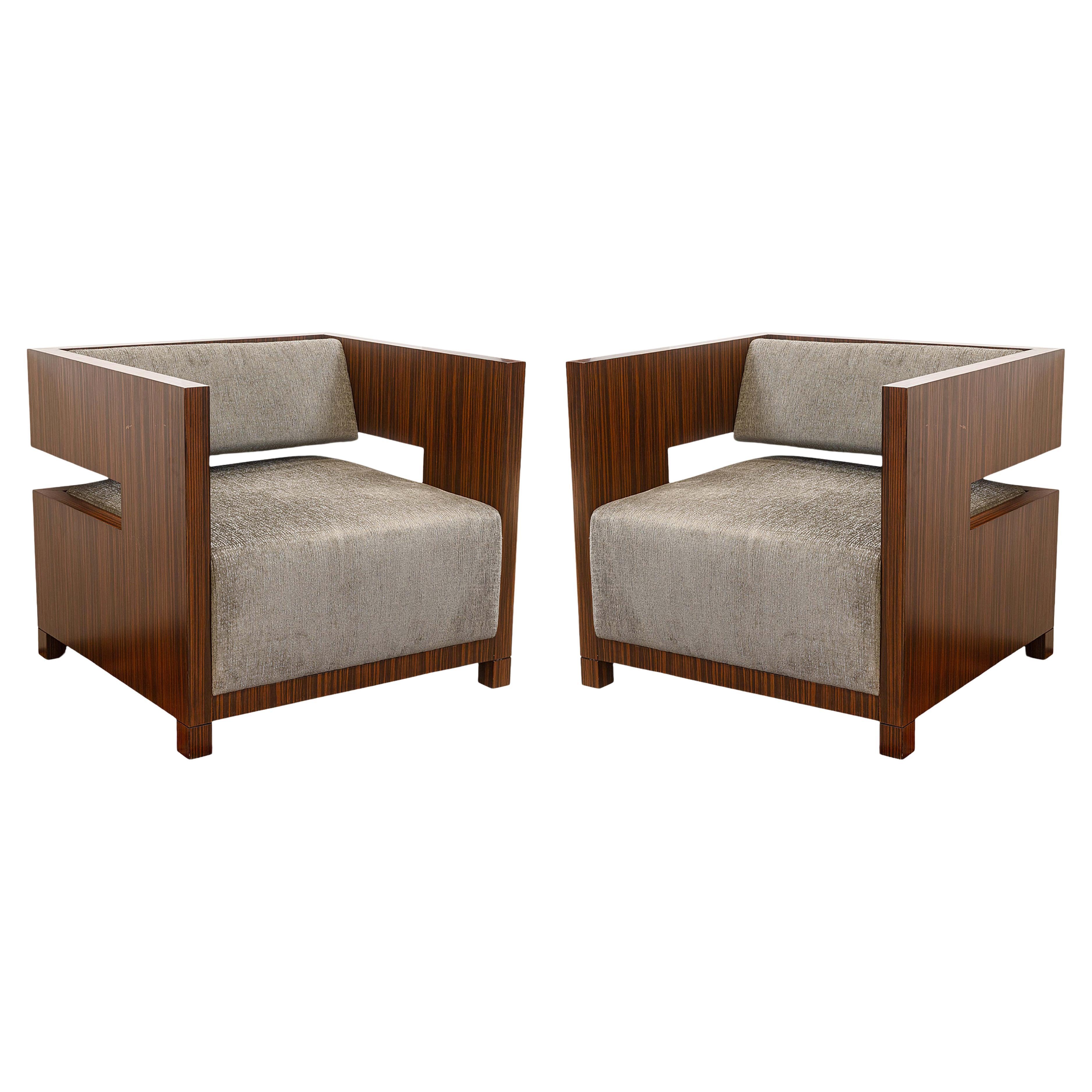 Pair of Decca Home Bolier Domicile Solid Walnut Encased Contemporary Cube Chairs