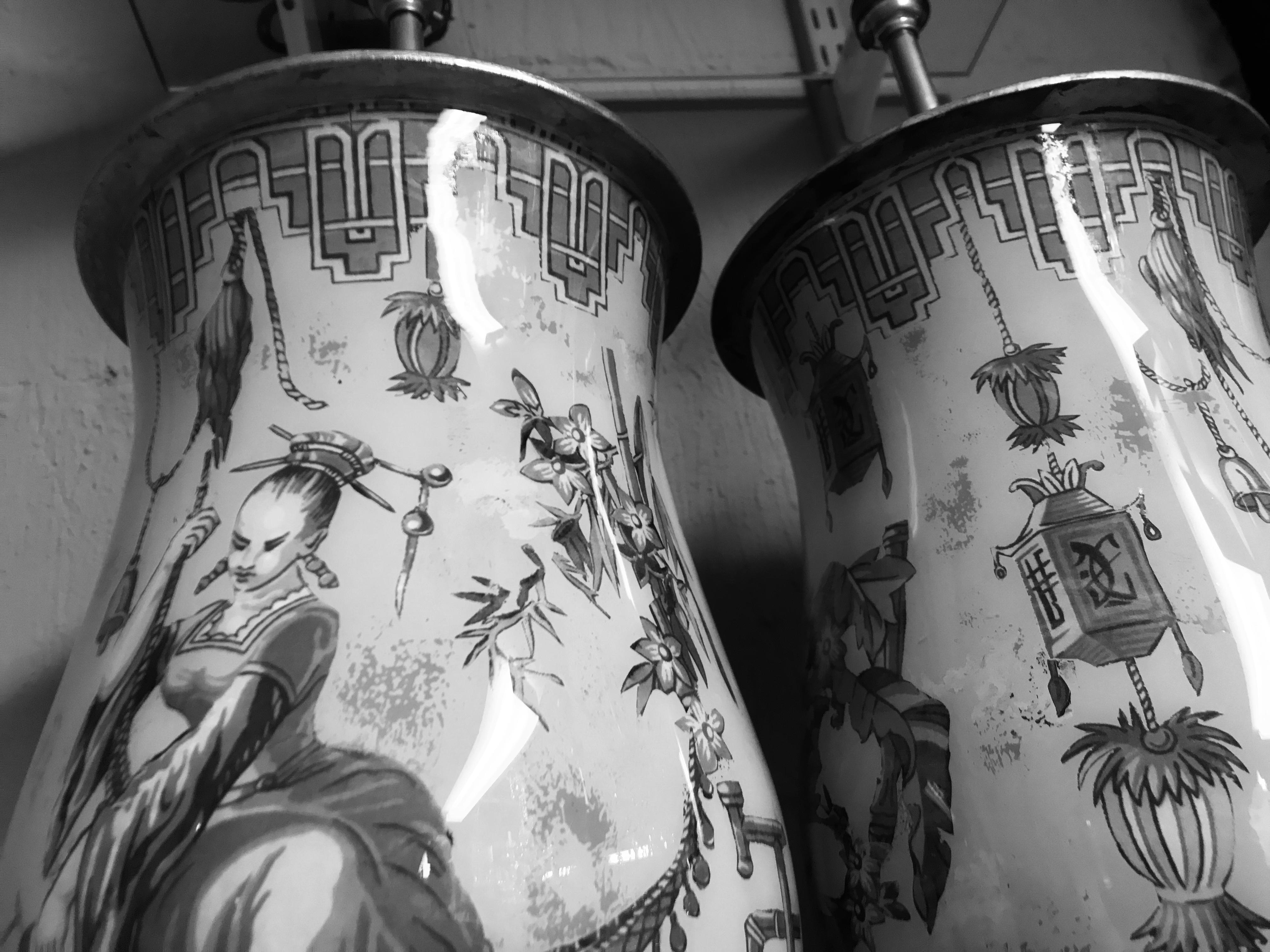 Verre Églomisé Pair of Declamania Hand Painted Orientalist Table Lamps