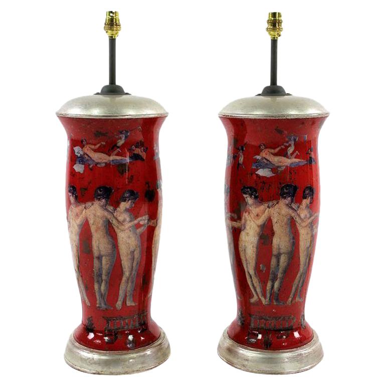 Pair of Declamania Lamps Depicting Pompeian Scenes