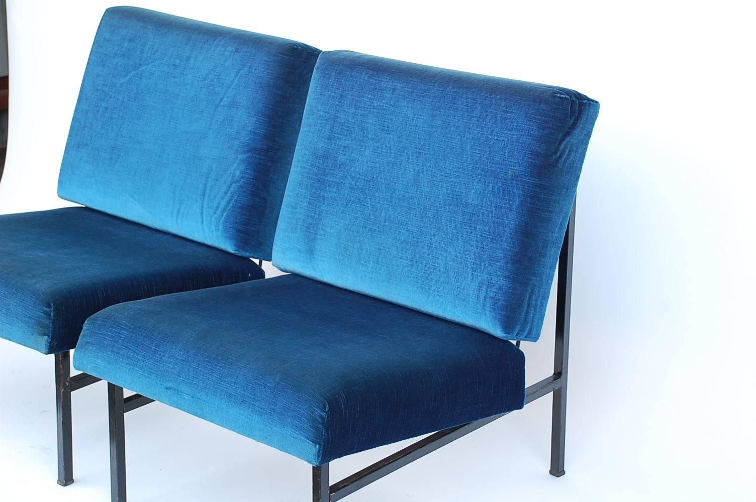 Contemporary Pair of 'Déclive' Velvet and Blackened Steel Slipper Chairs by Design Frères For Sale