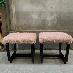 Pair of Deco Benches in Black Lacquered Wood and Pale Pink Eco Fur Seats, 1930