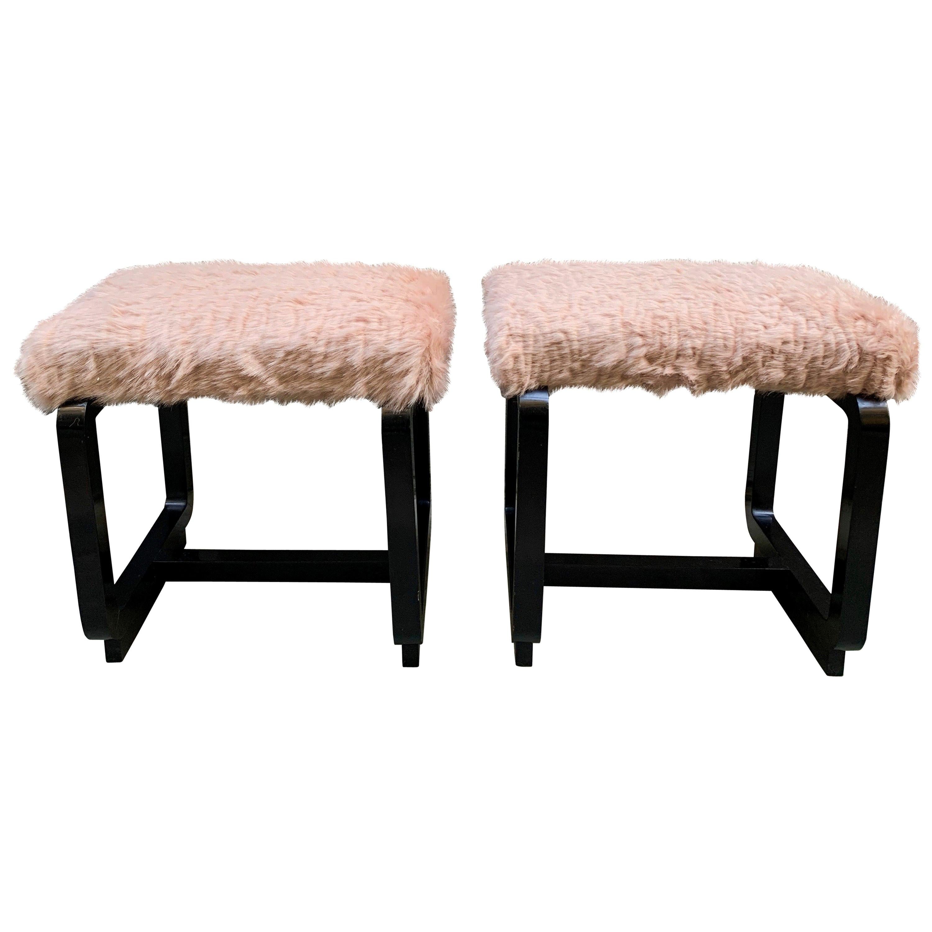 Pair of Deco Benches in Black Lacquered Wood and Pale Pink Eco Fur Seats, 1930
