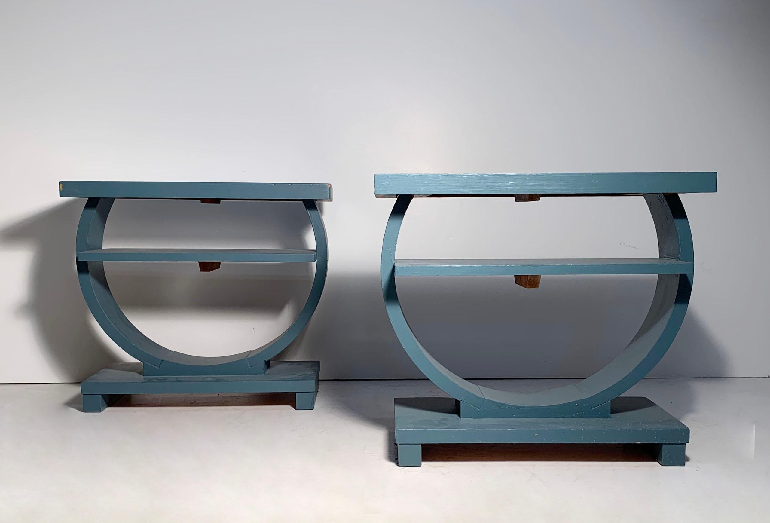 American Pair of Deco Brown Saltman Circular End Shelf Tables