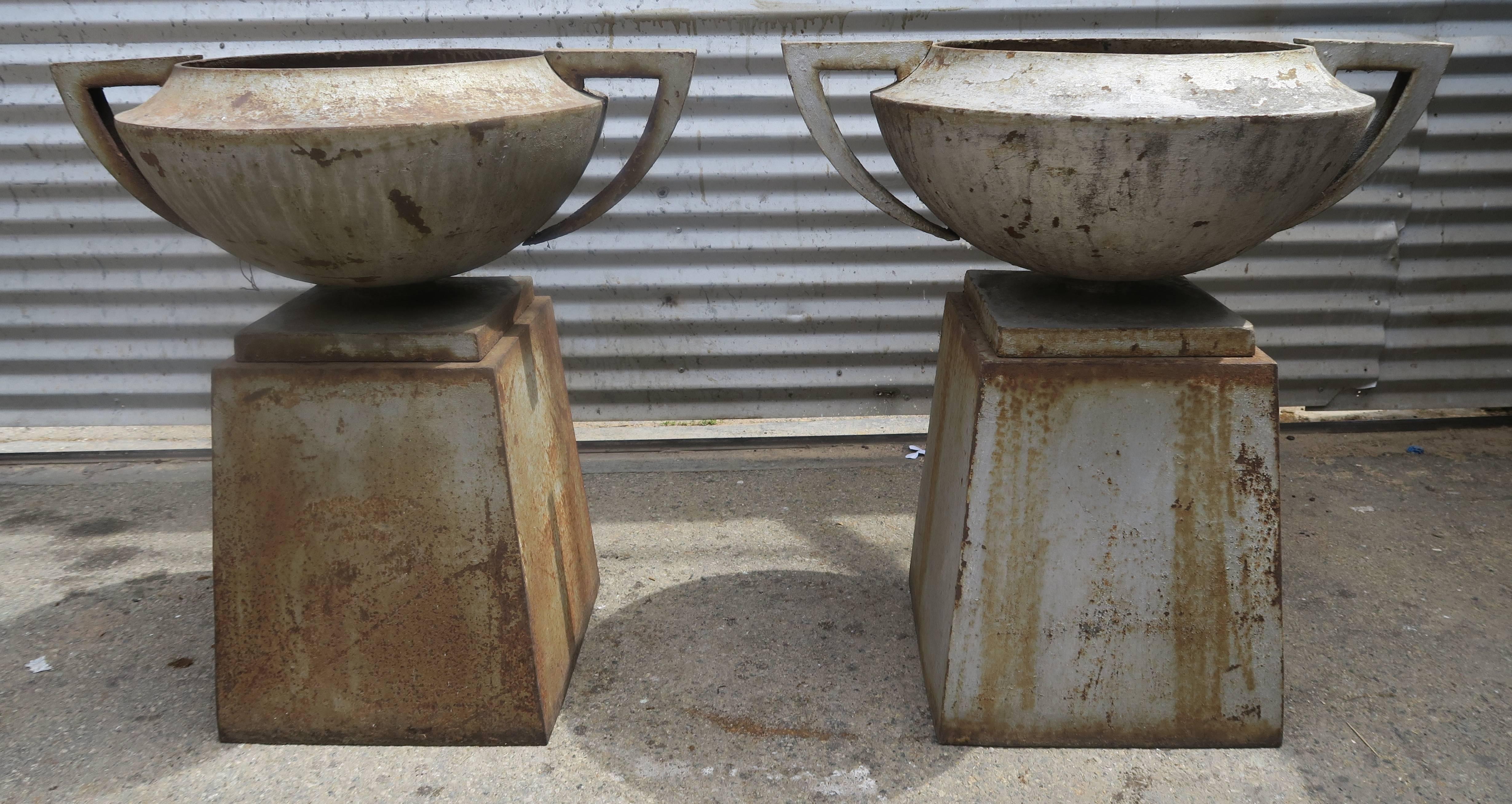 Pair of Deco Cast Iron American Planters with Bases In Distressed Condition In Los Angeles, CA