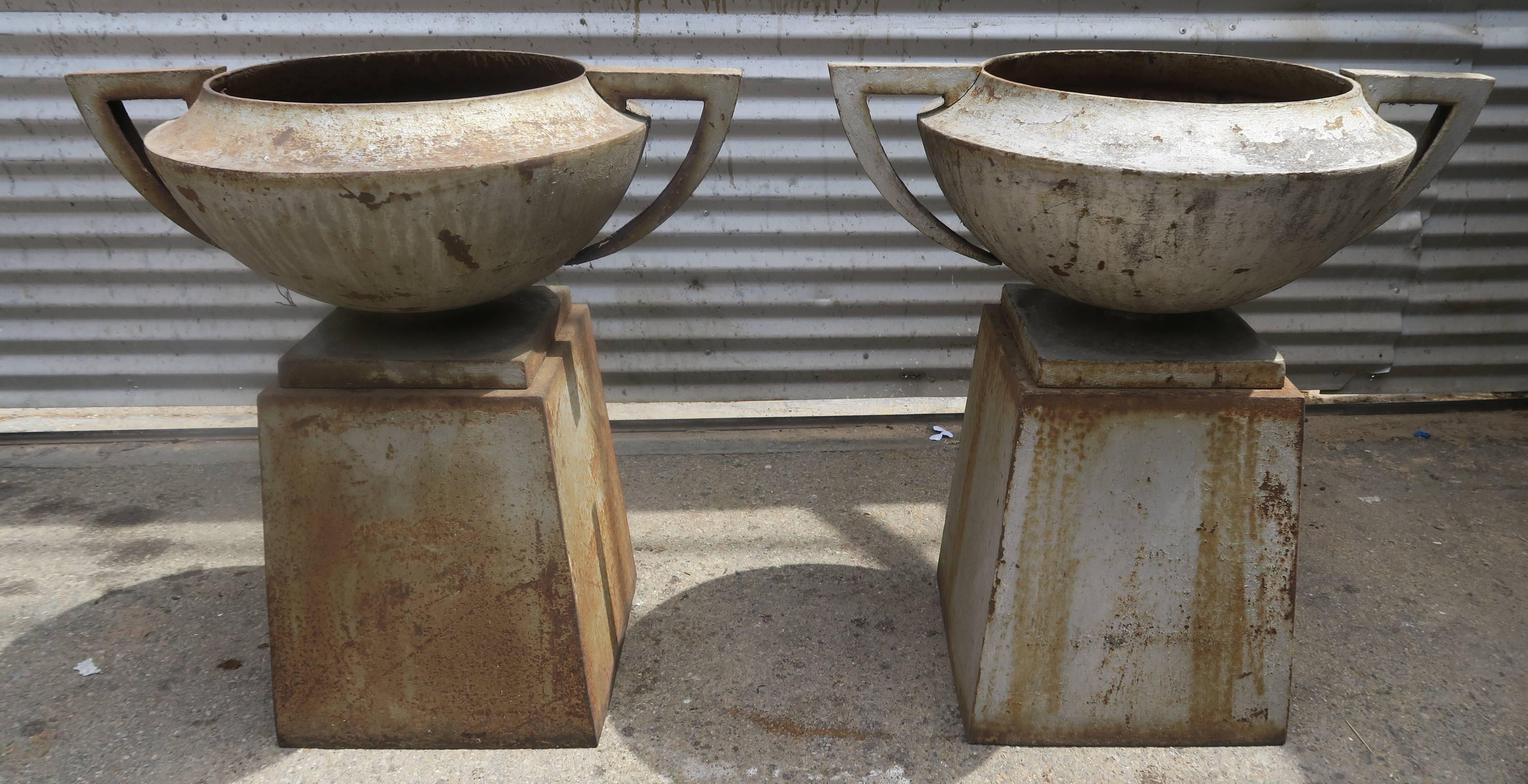 Pair of Deco Cast Iron American Planters with Bases 1