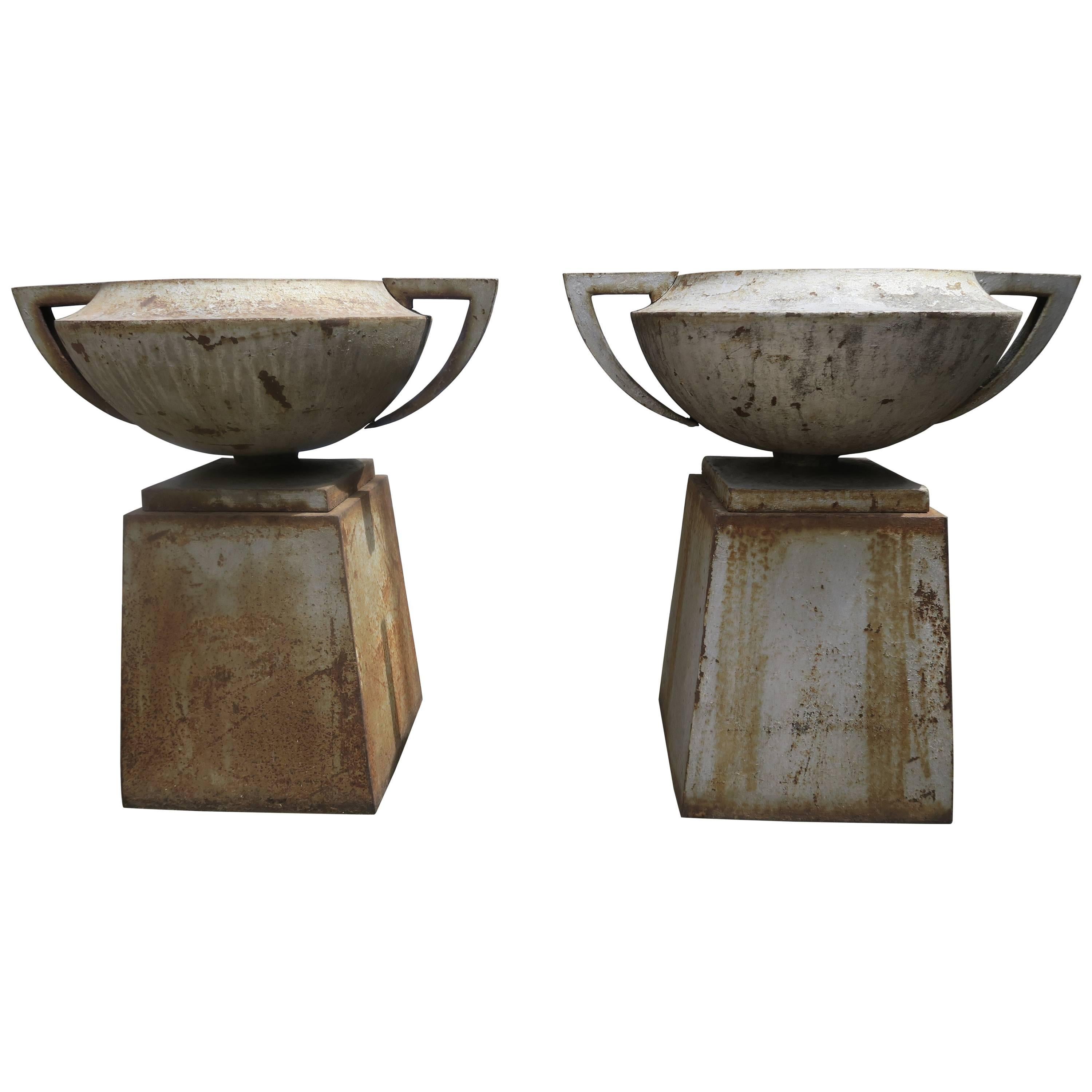 Pair of Deco Cast Iron American Planters with Bases