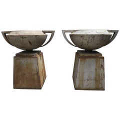 Antique Pair of Deco Cast Iron American Planters with Bases