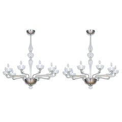 Pair of Deco Chandeliers Hand Carved Clear Color in Blown Murano Glass, Italy